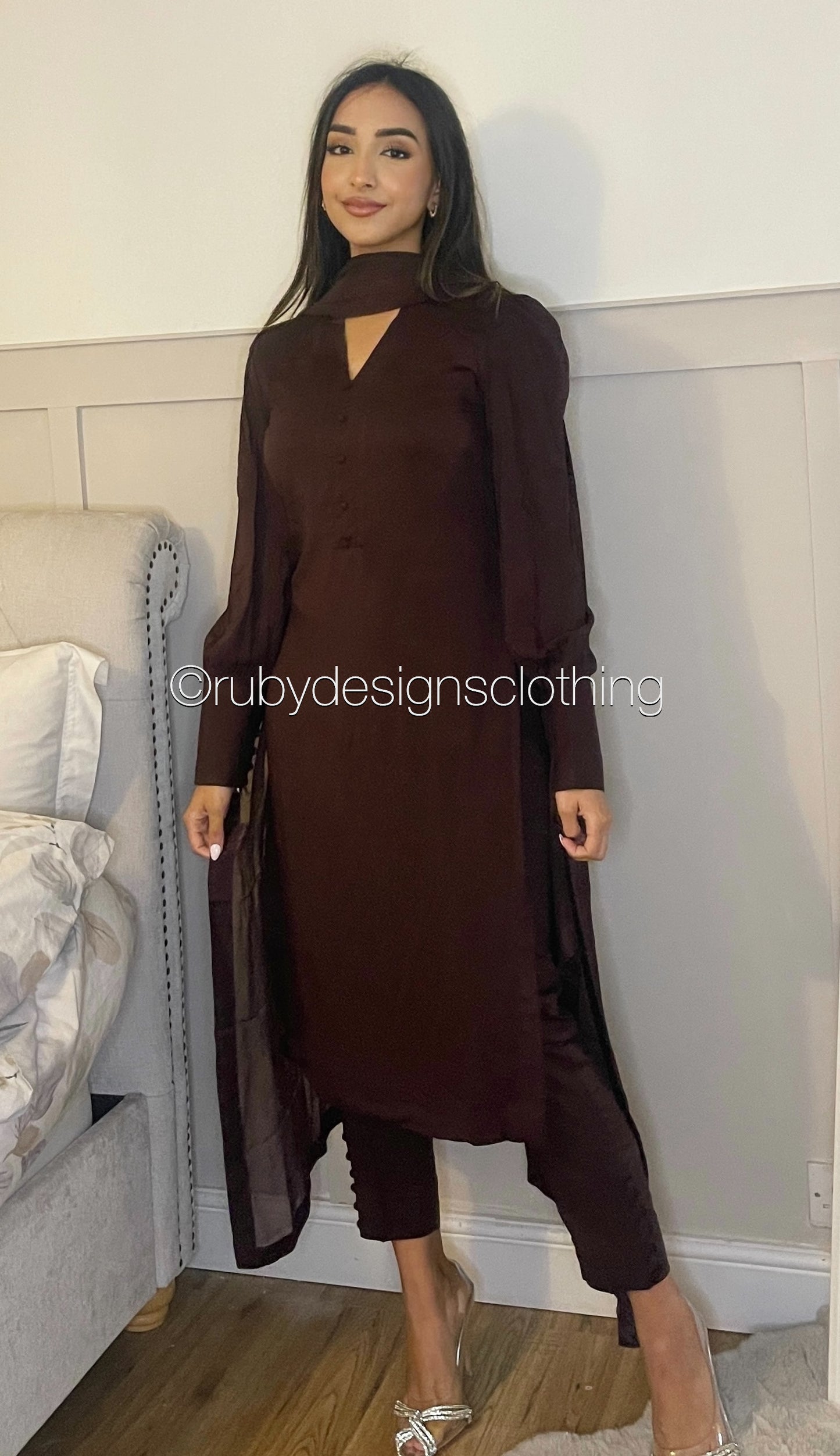 HANA - Brown 3 Piece Linen Suit with Chiffon Dupatta (7905760411861)
