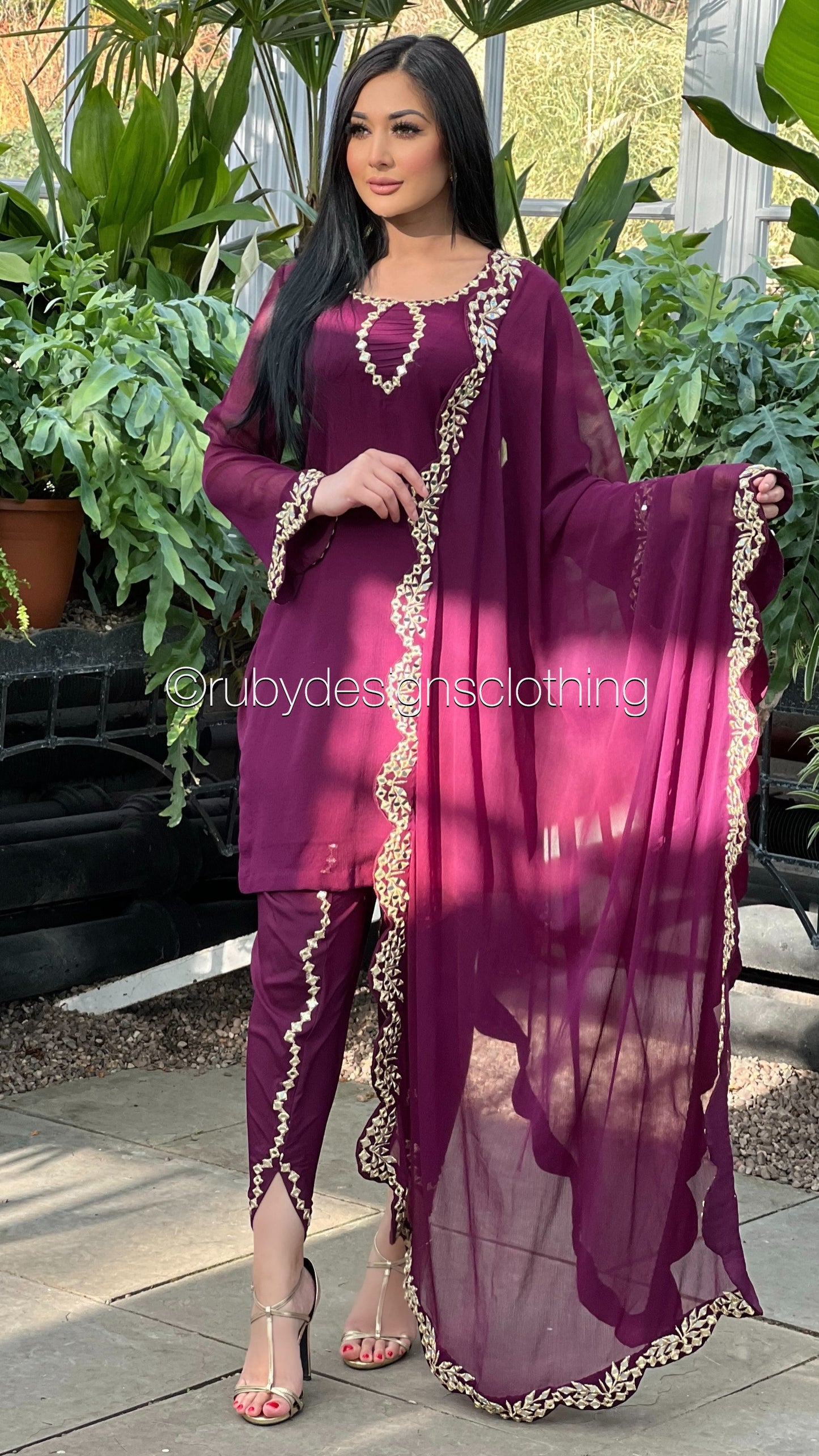AQSA Plum - 3 Piece Plum Chiffon Suit with Tulip Trouser (8373499723989)