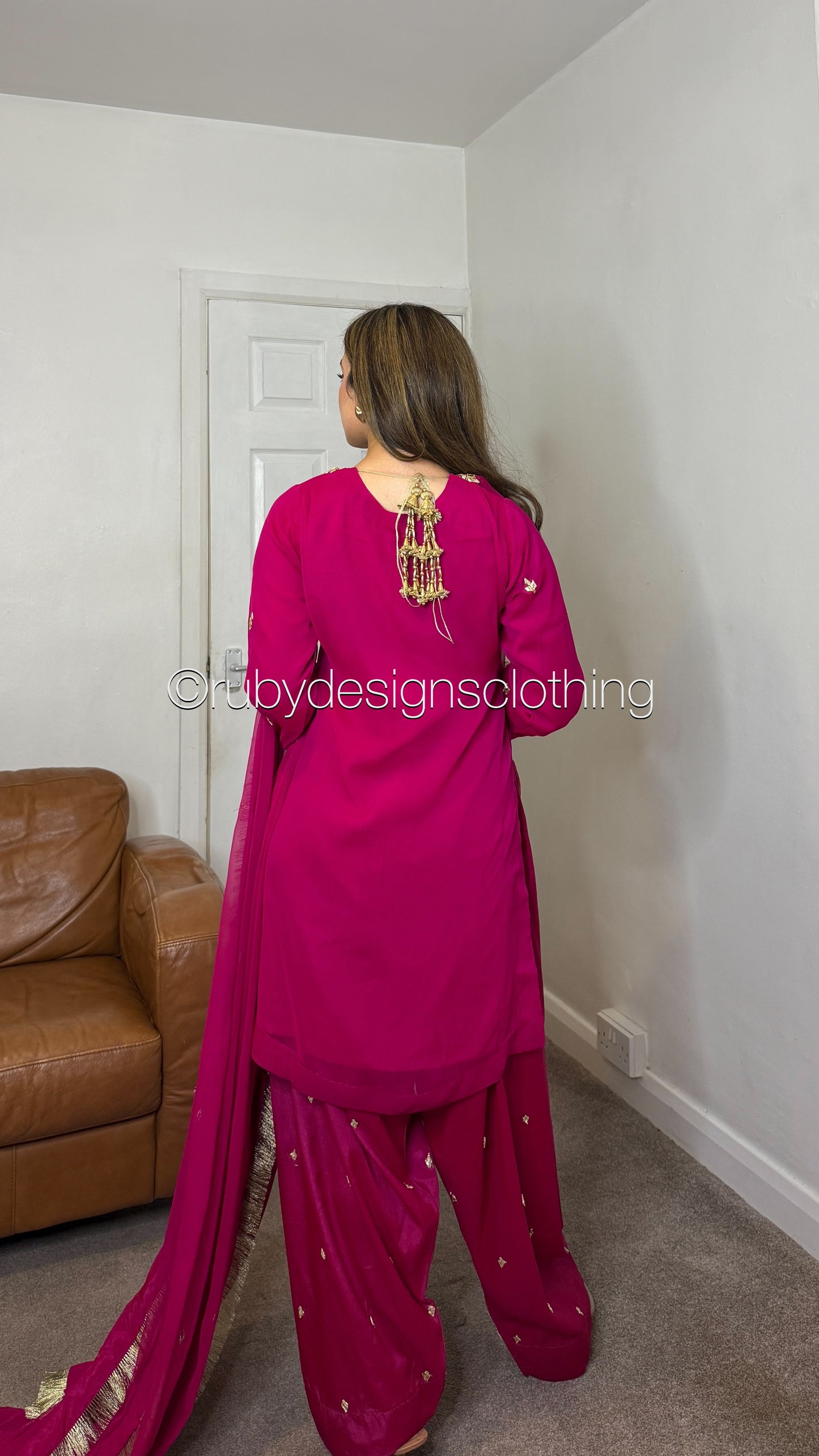 SAJAL Rose - 3 Piece Chiffon Suit with Farshi Shalwar and Gota Handwork