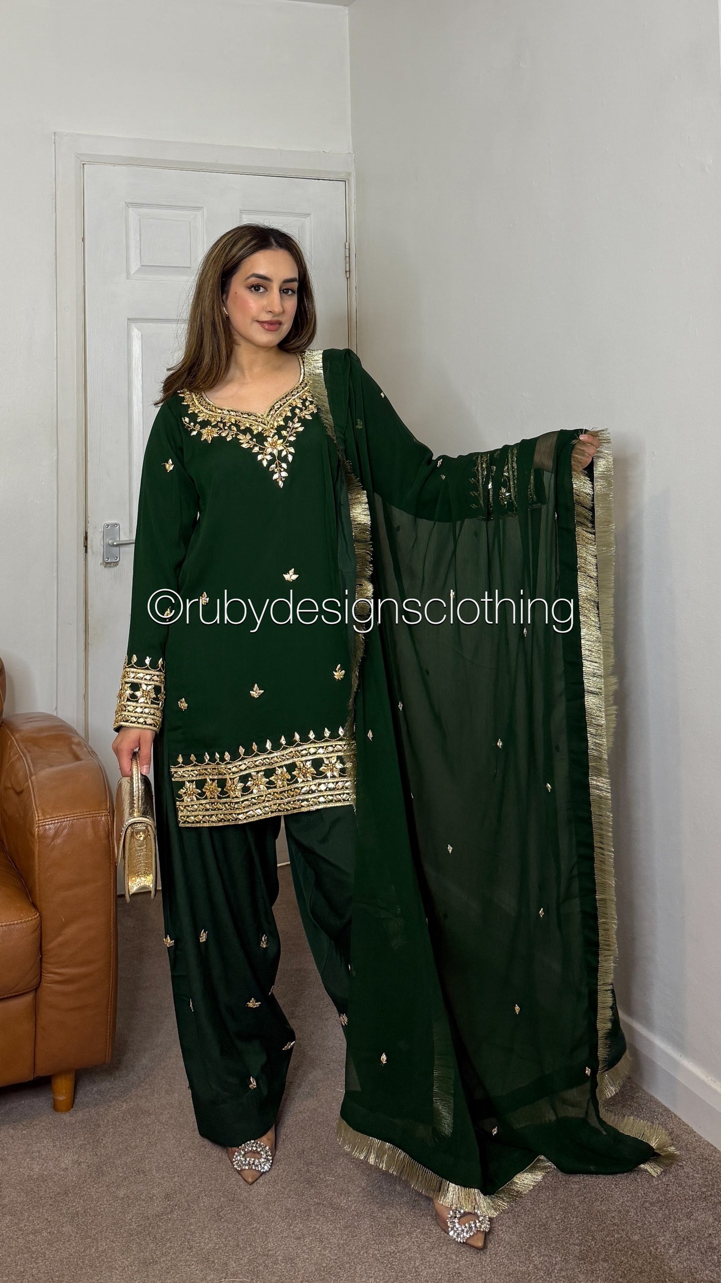 SAJAL Emerald - 3 Piece Chiffon Suit with Farshi Shalwar and Gota Handwork