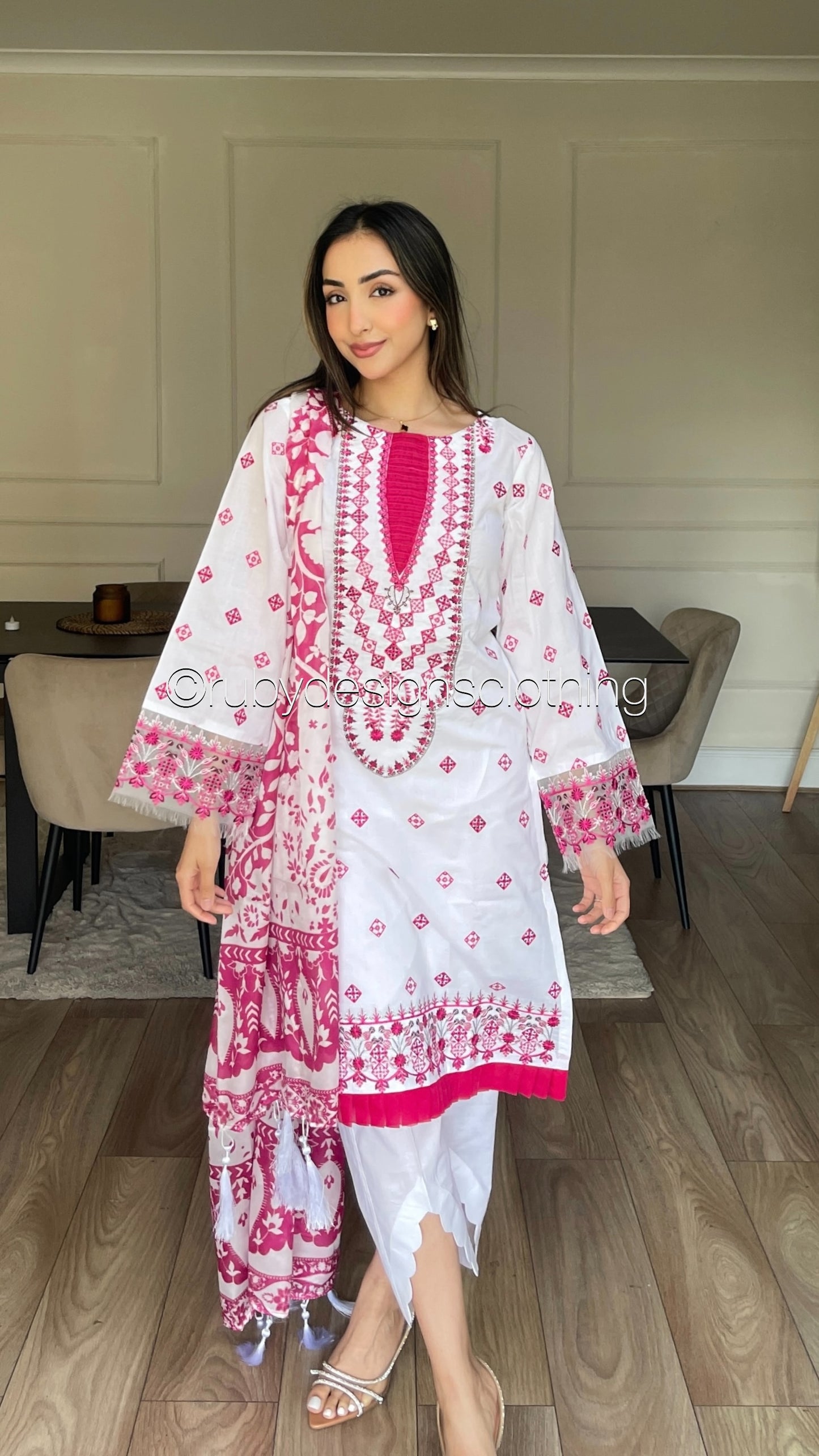 LATIFA - 3 Piece White and Pink Lawn Suit with Silk Dupatta (8583530807509)