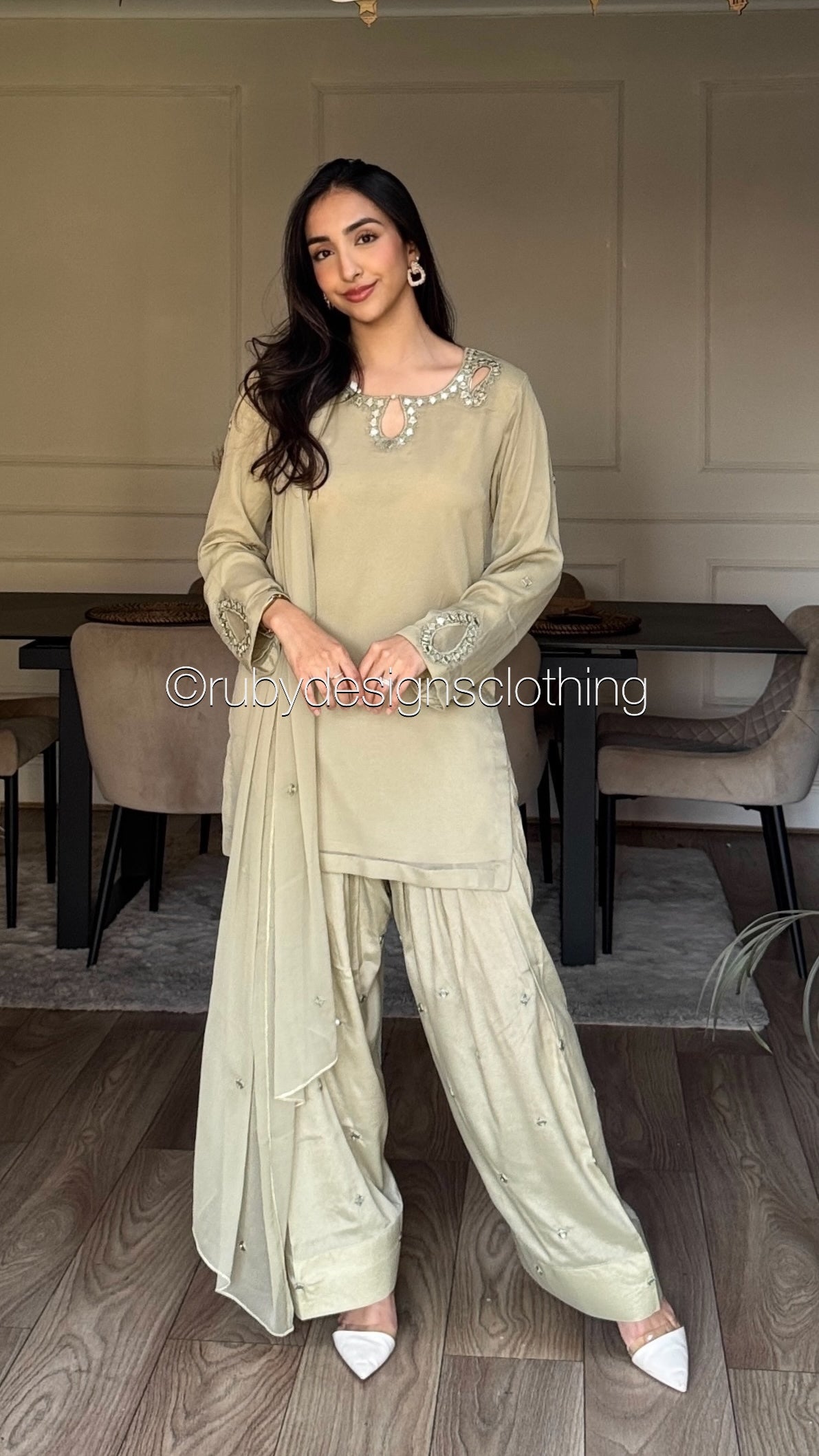 AINA Sage - 3 Piece Sage Chiffon Suit with Farshi Shalwar