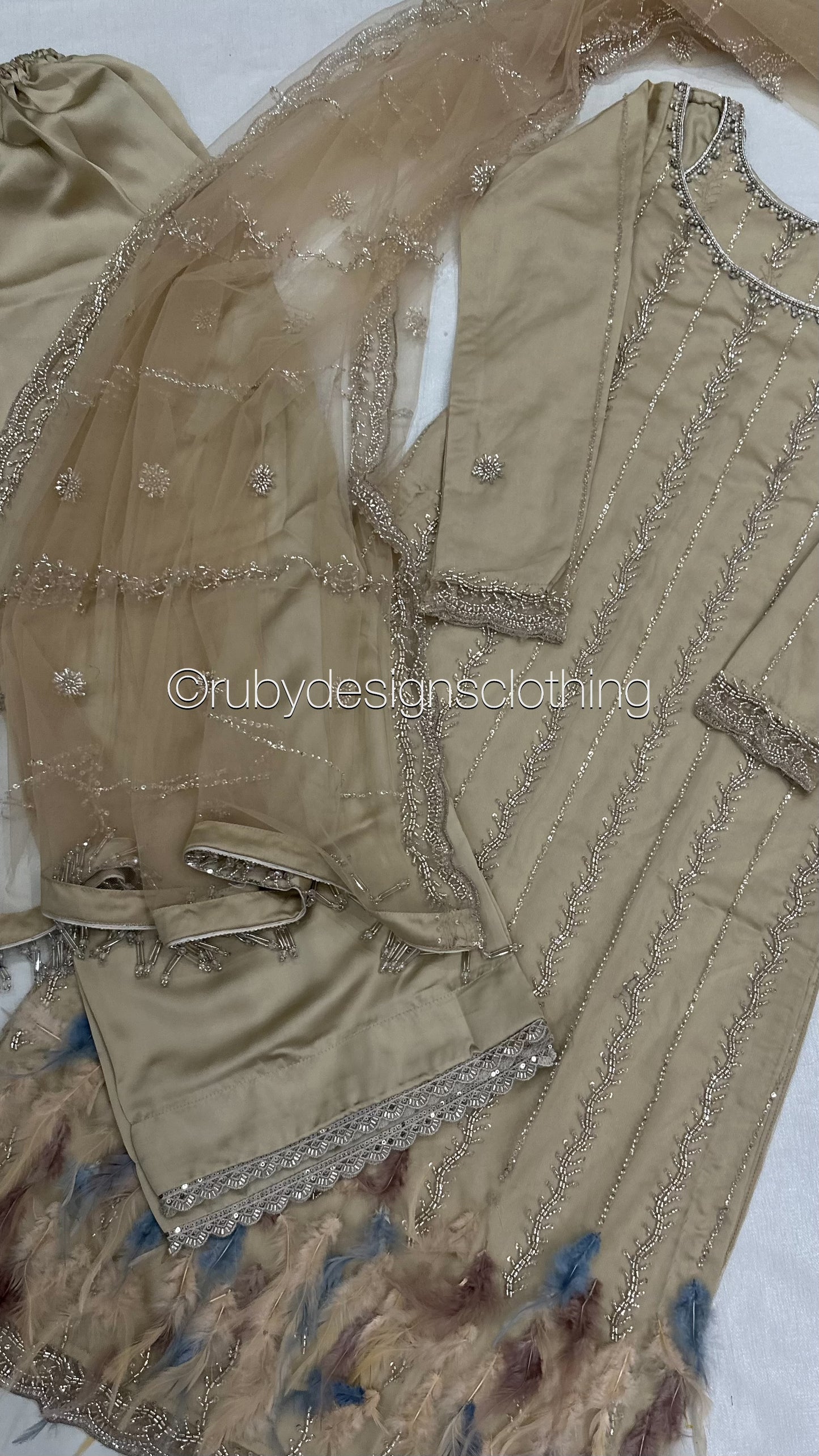 ELARA Pearl - 3 Piece Ivory Net Suit with Heavy Cutdana Work