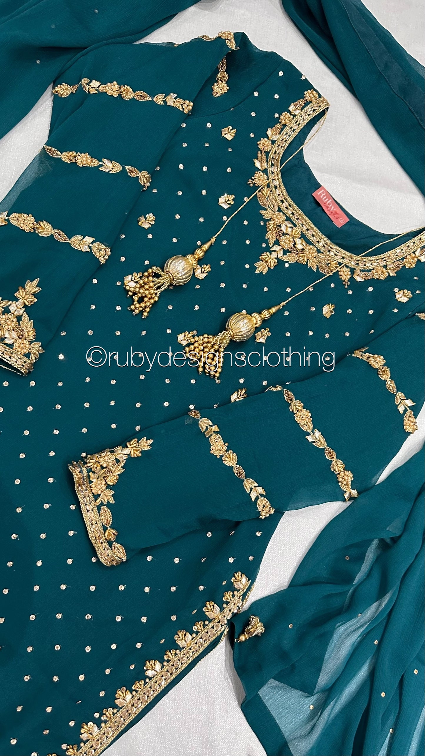 ZAREEN Teal - Luxury 3 Piece Chiffon Suit with Gold Handwork