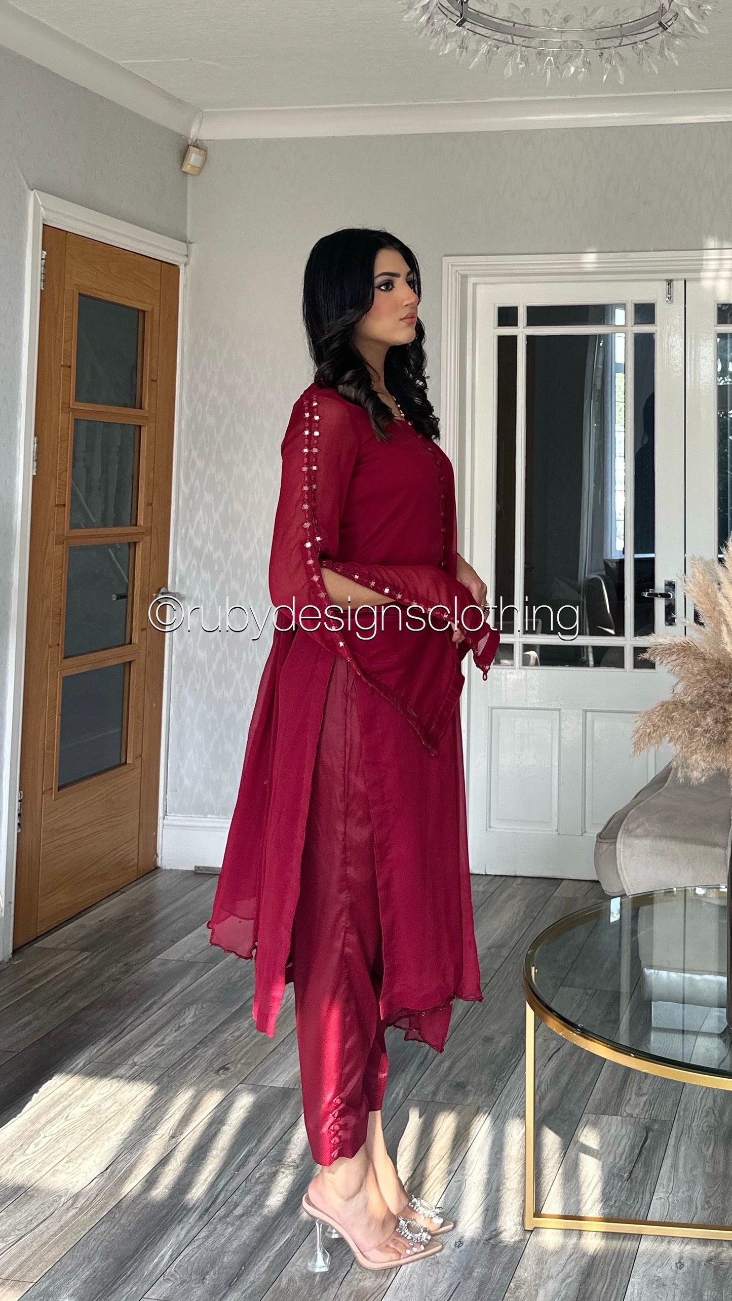 KAYRA Ruby - 3 Piece Ruby Chiffon Suit with Split Sleeve