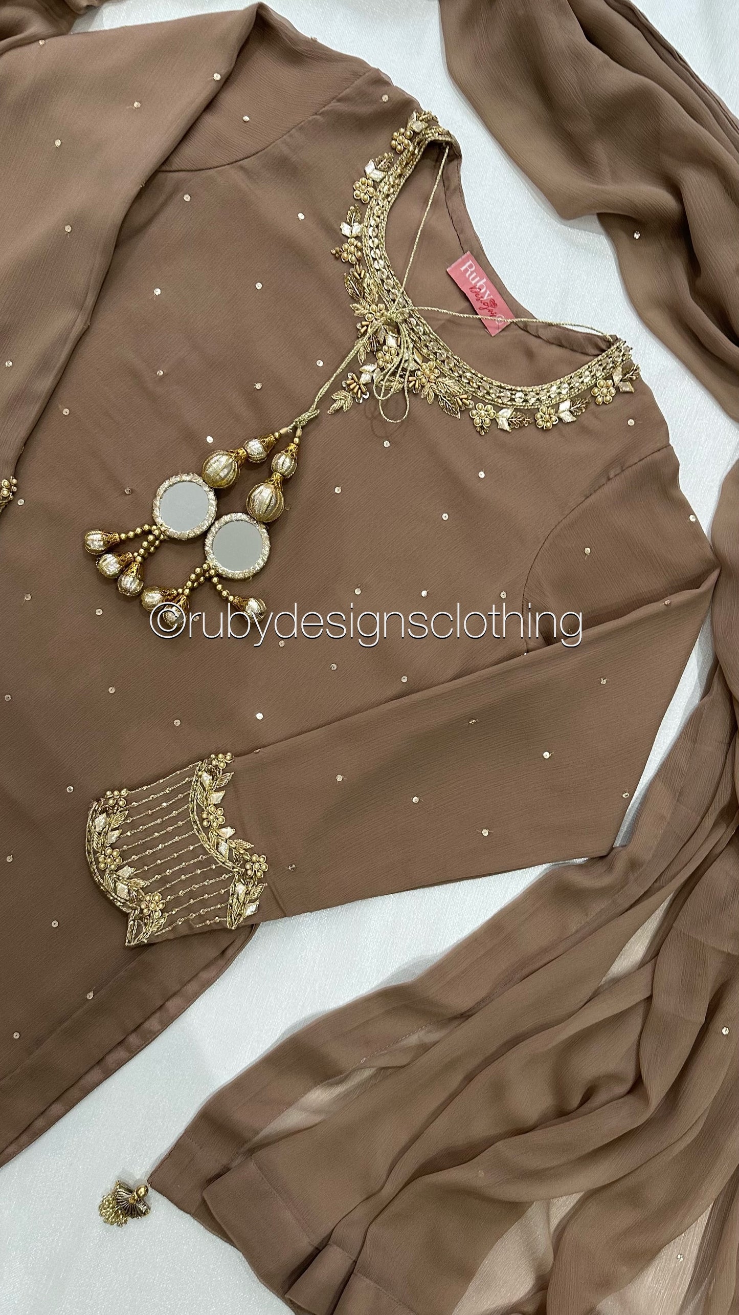 RAHA Latte - Luxury 3 Piece Chiffon Suit with Farshi Shalwar