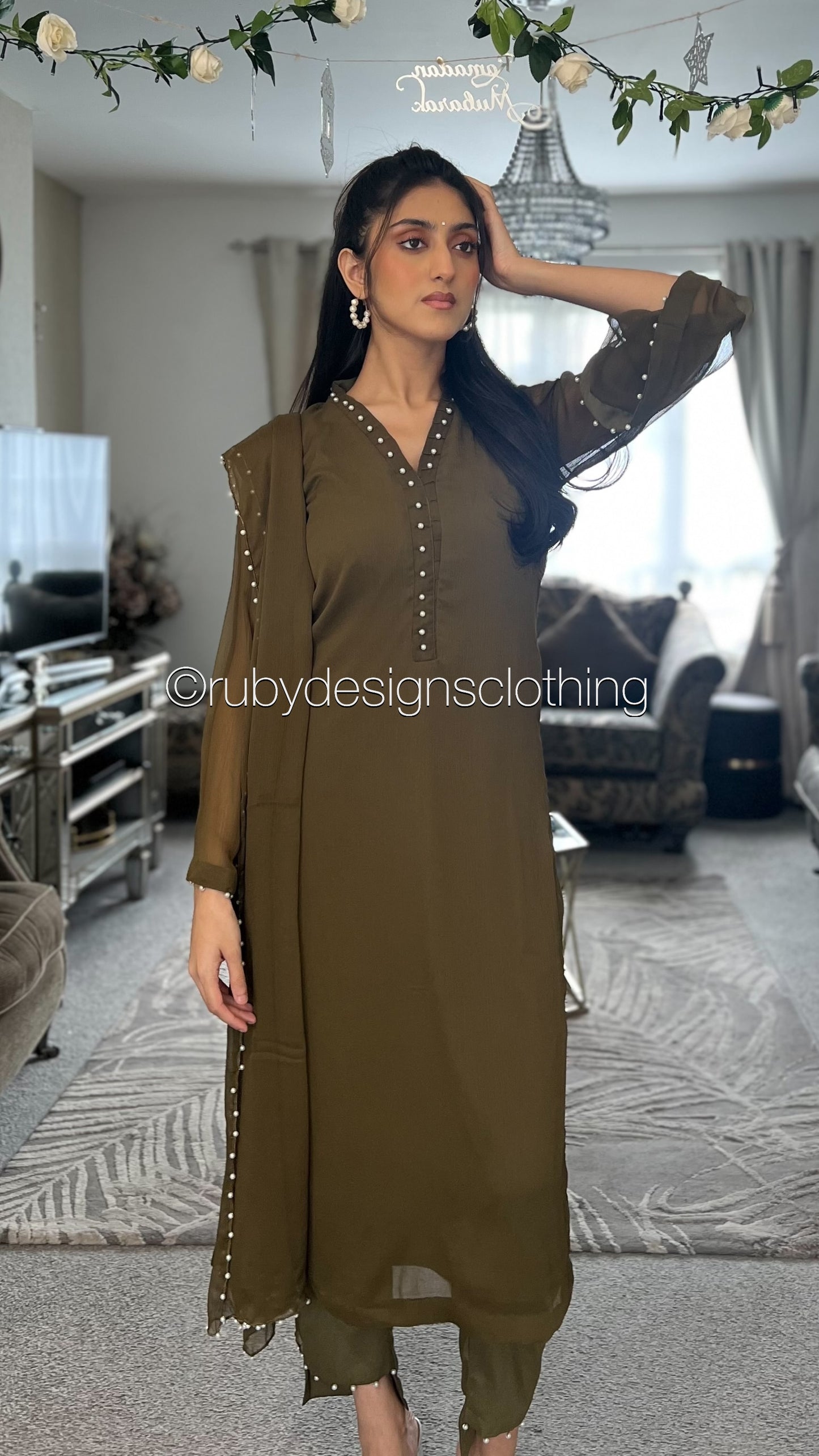 ARIA Henna (Eid Exclusive Limited Edition) - 3 Piece Khaki Brown Chiffon Suit with Chiffon Dupatta (8371703546069)