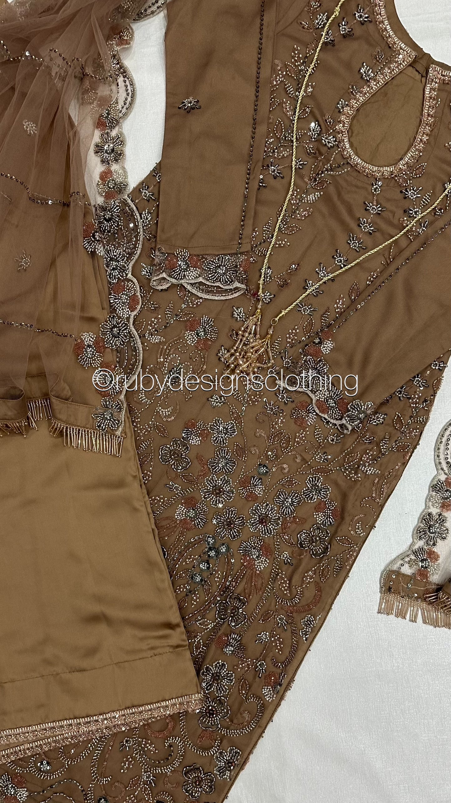 ESMA Latte - 3 Piece Brown Net Suit with Heavy Cutdana Work