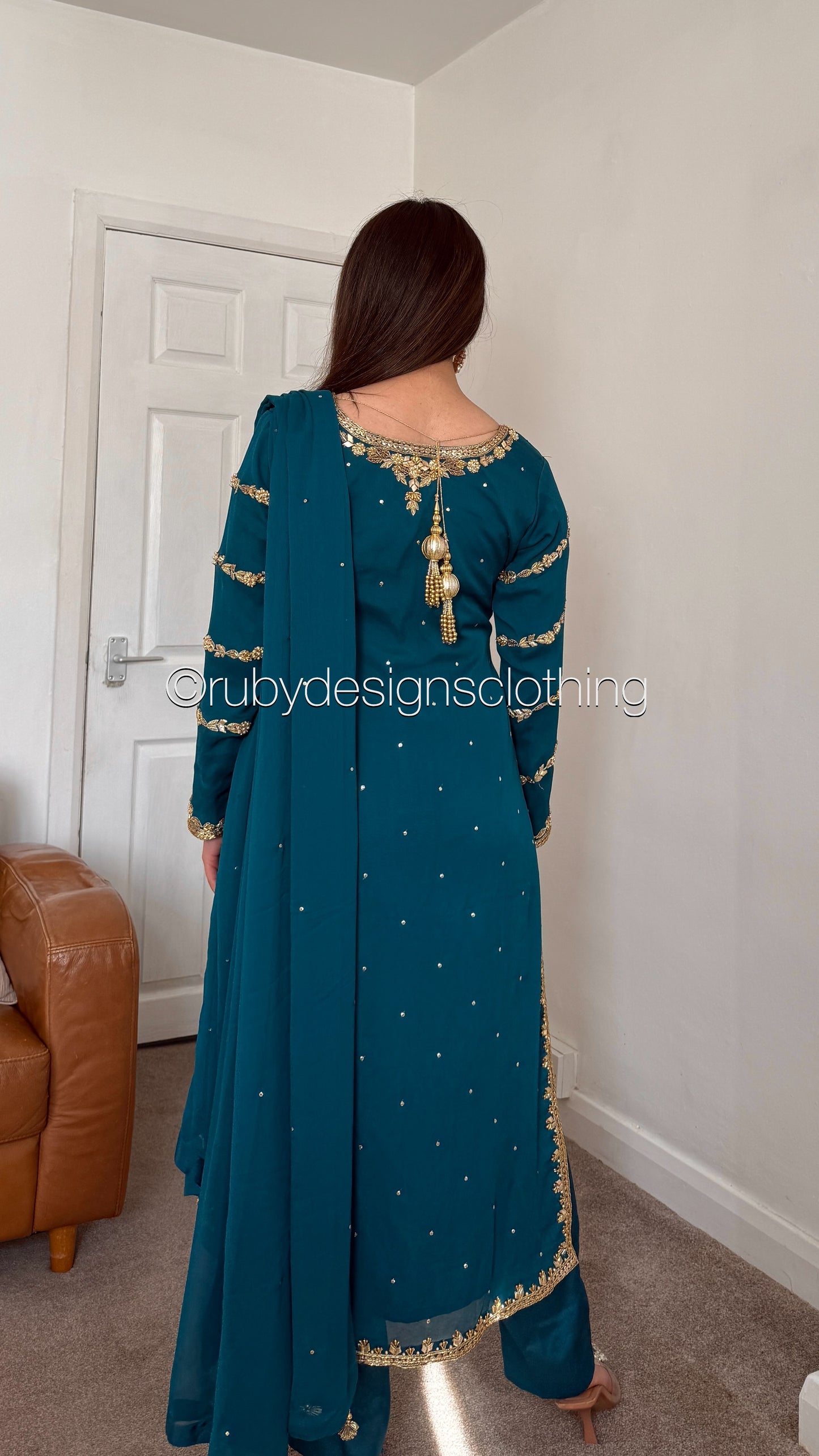ZAREEN Teal - Luxury 3 Piece Chiffon Suit with Gold Handwork