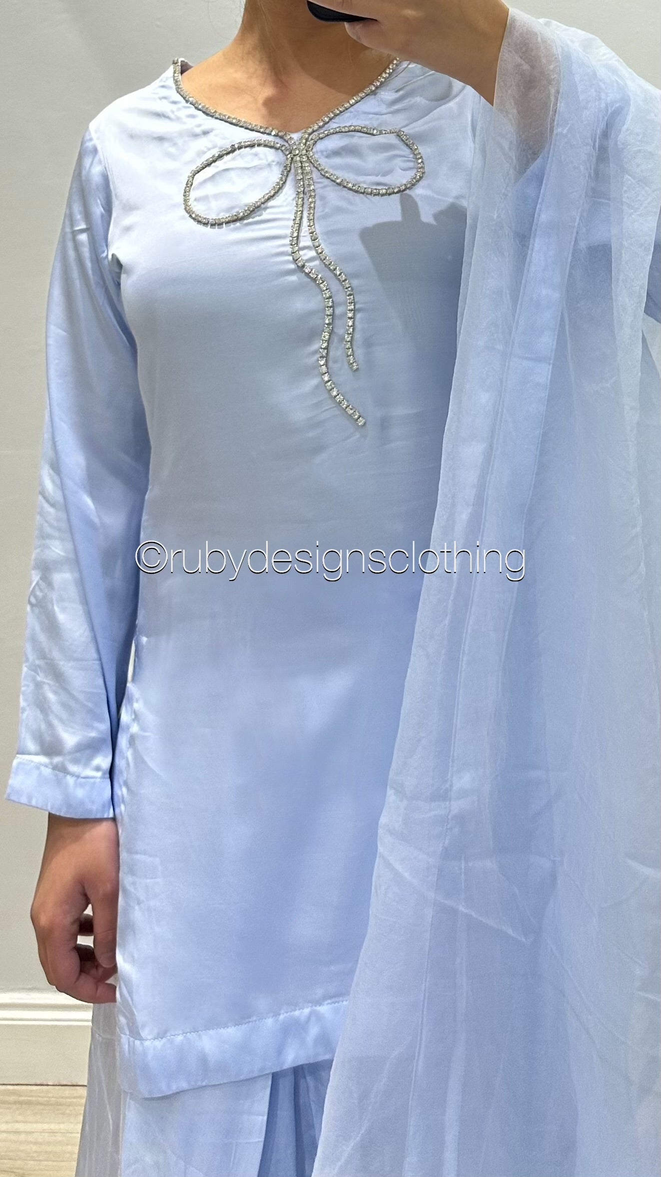 ZARA Sky - EXCLUSIVE 3 Piece Silk Suit with Farshi Shalwar and Bow Detail