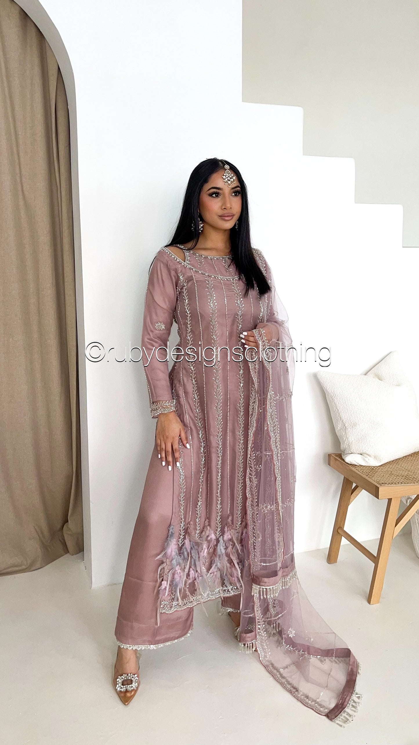ELARA Bloom - 3 Piece Pink/Lilac Net Suit with Heavy Cutdana Work