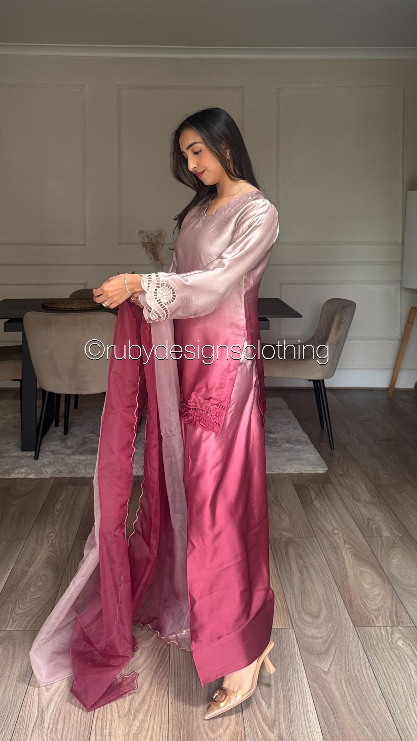 Rose Ember - 3 Piece Silk Suit with Farshi Shalwar