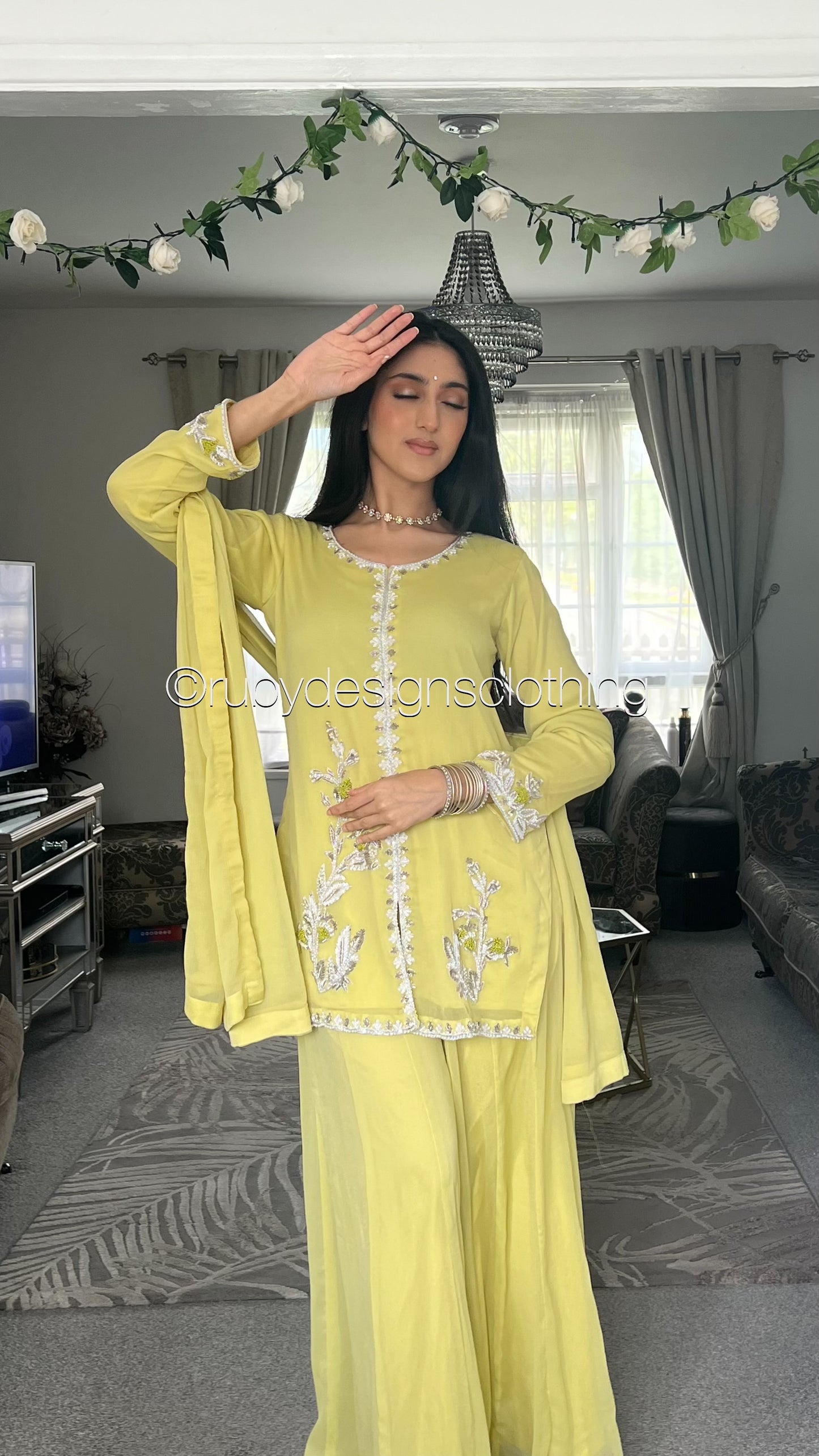 AROOSA Lime - 3 Piece Chiffon Sharara with Handwork (8650121347285)