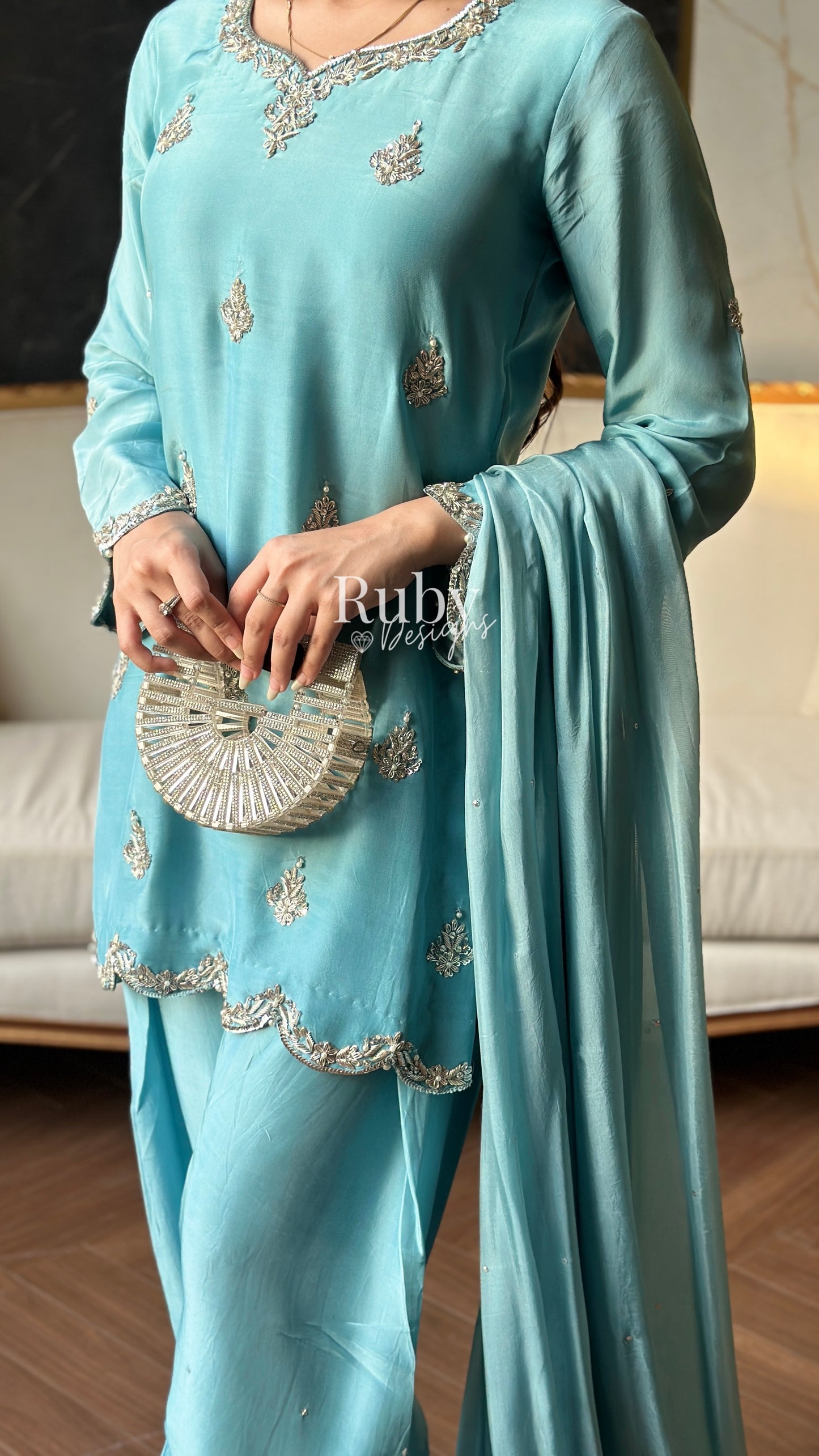 ATIFA Sky - 3 Piece Silk Suit with Shalwar