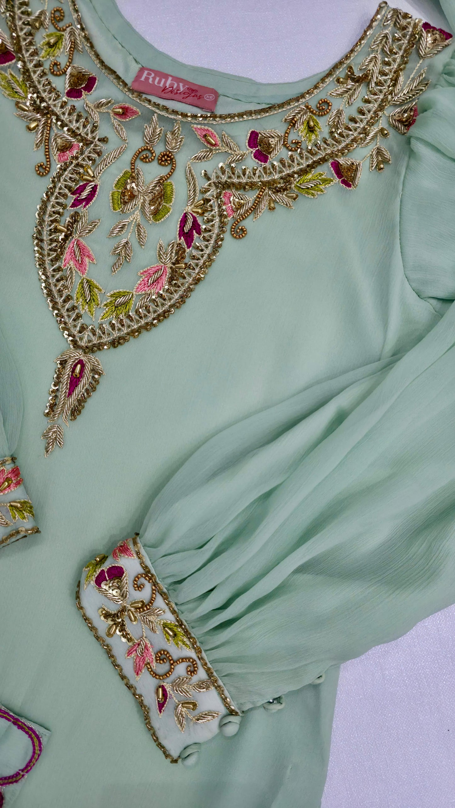 MISSING ITEM (SHALWAR) - SERENE Mint - Luxury 3 Piece Chiffon Suit with Farshi Shalwar