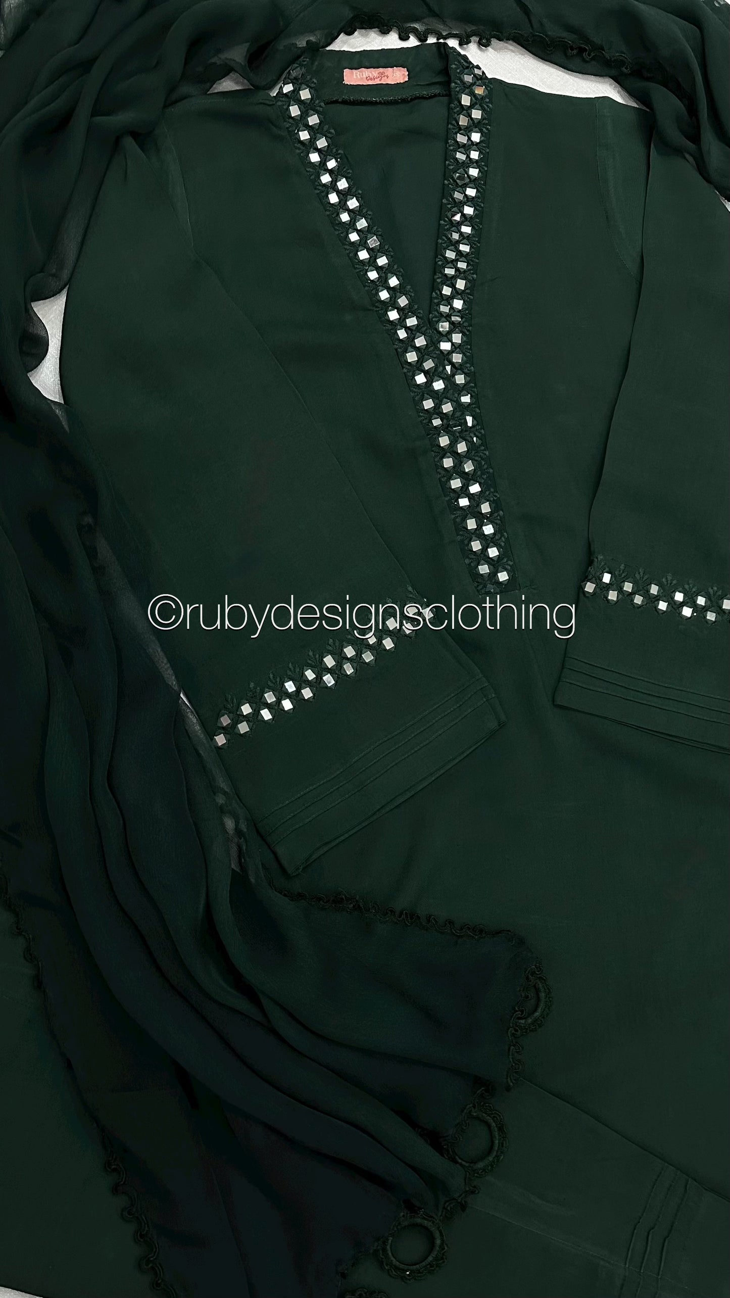 TARA Green - 3 Piece Linen Suit with Mirror Work (8234102456533)