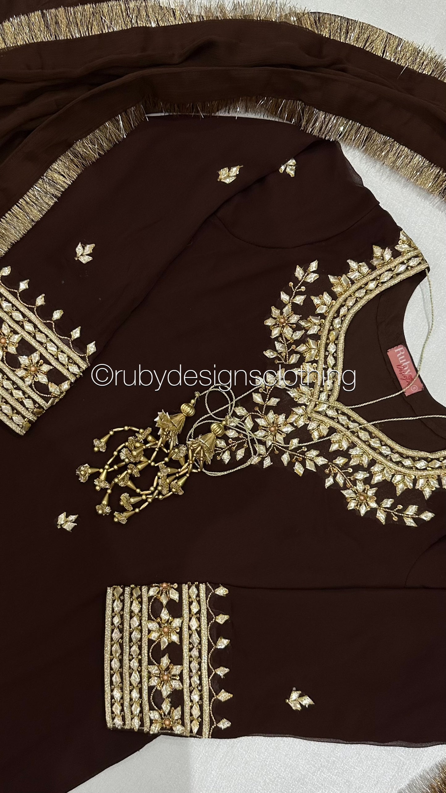 SAJAL Cocoa - 3 Piece Chiffon Suit with Farshi Shalwar and Gota Handwork
