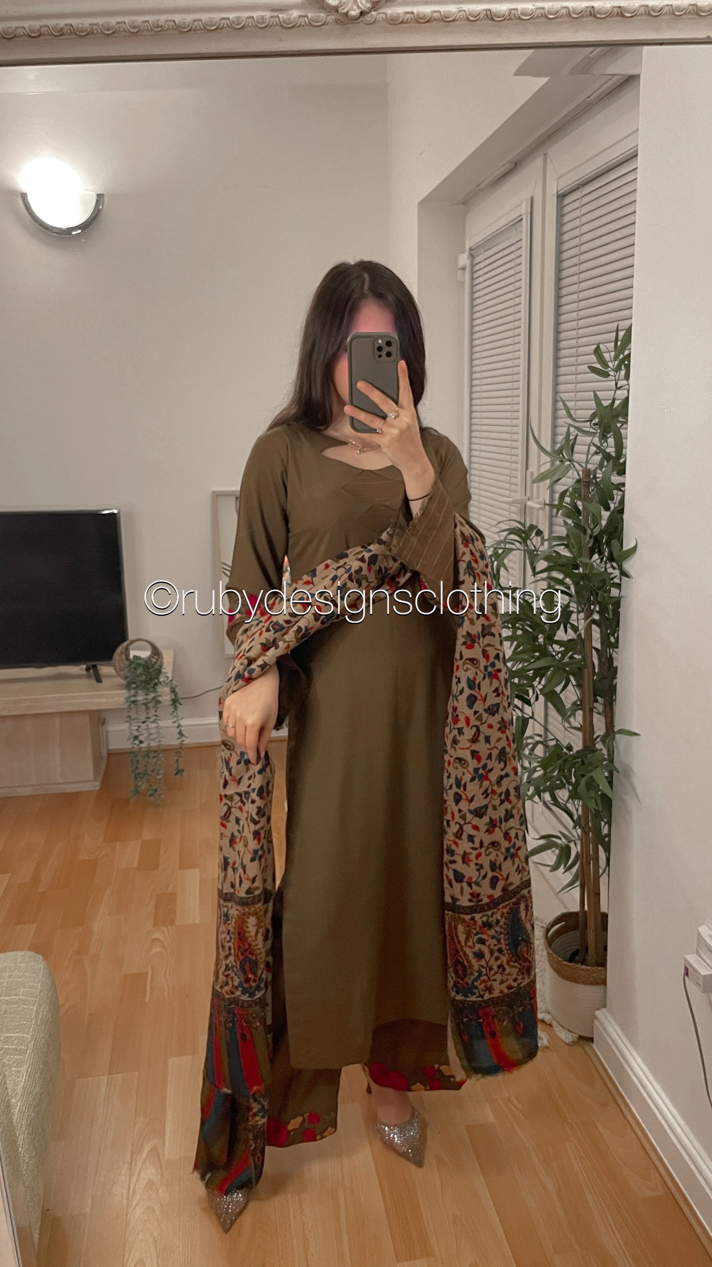 MINA - 3 Piece Khaki Marina Suit with Printed Pashmina Shawl