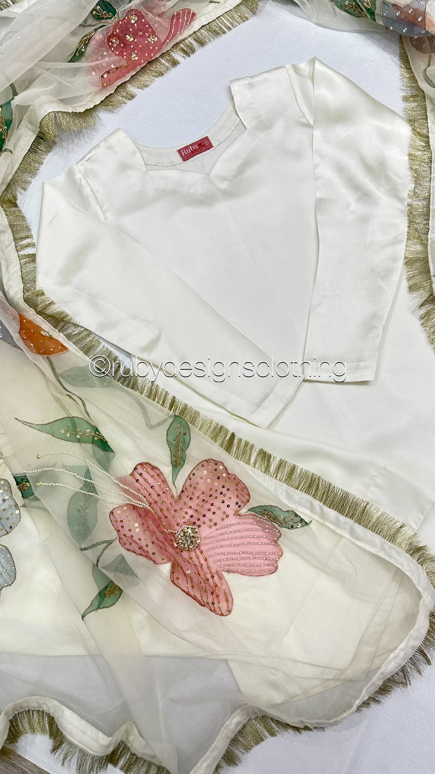 NURA Pearl - 3 Piece Luxury Silk Suit with Farshi Shalwar and Hand Painted Dupatta