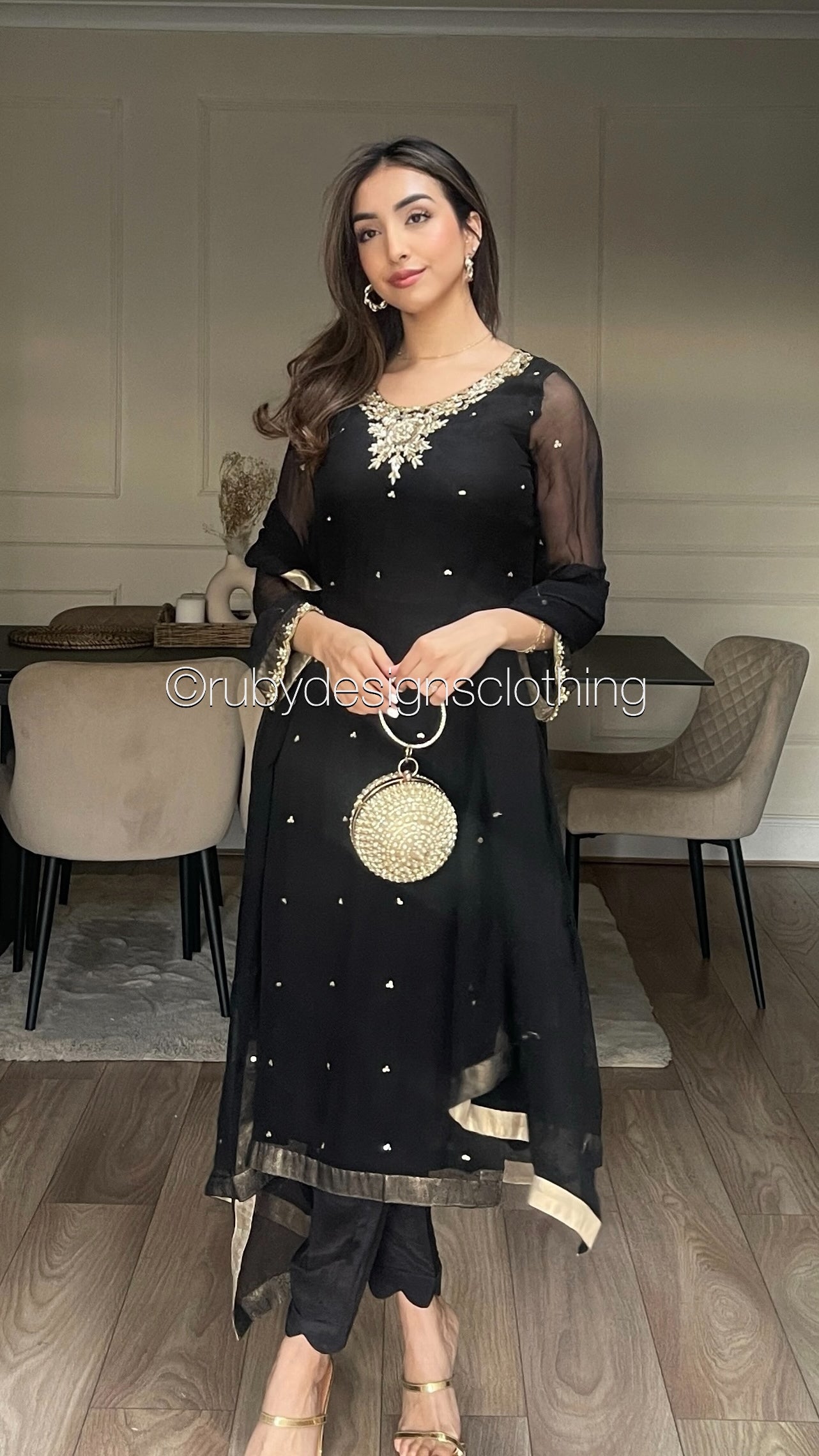 ALVIA Black - 3 Piece Black Chiffon Suit with Gold Handwork (8294976651477)