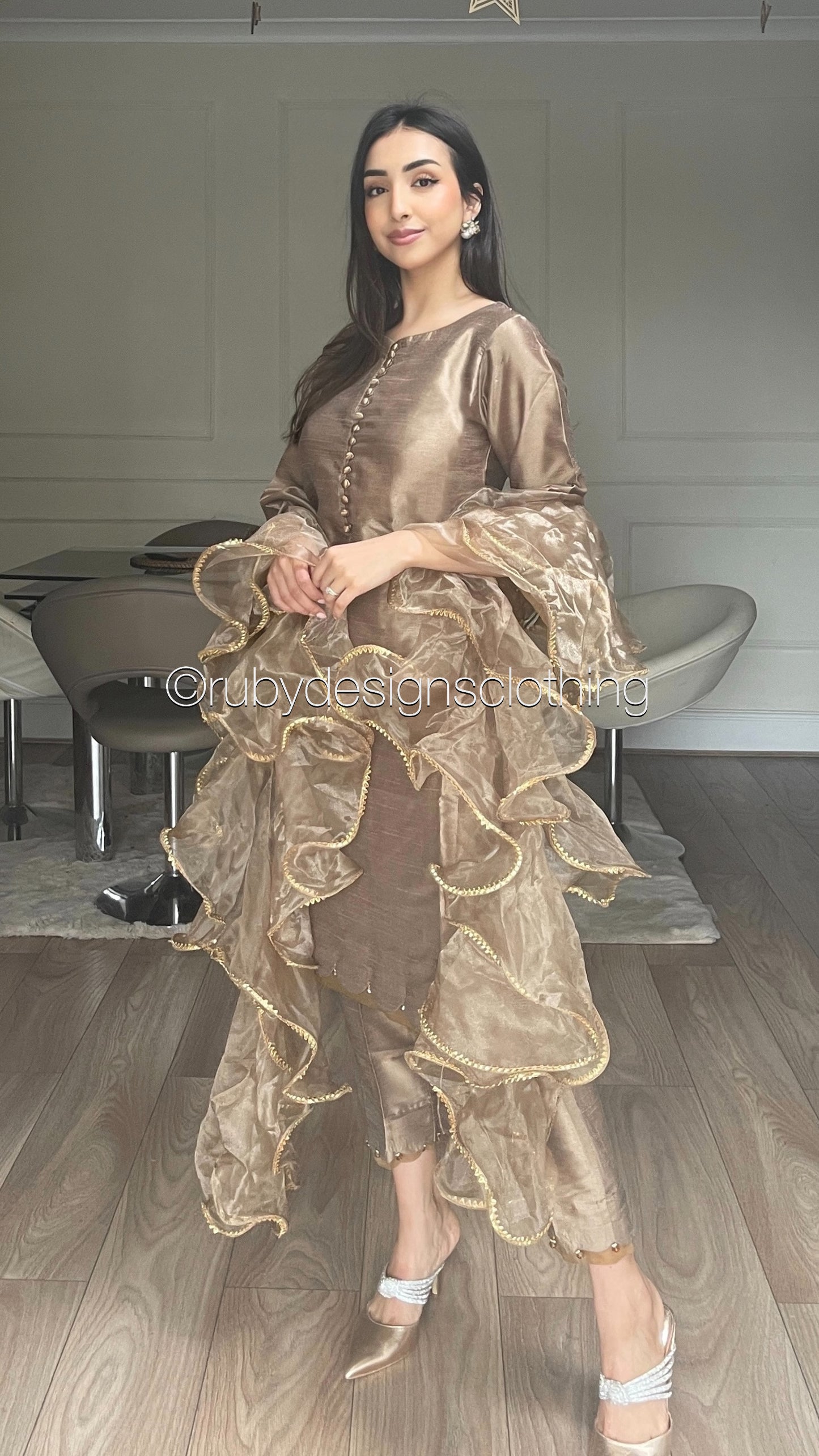 ALEEZA Brown - 3 Piece Raw Silk Suit with Ruffle Dupatta (8210381570261) (8747906269397)