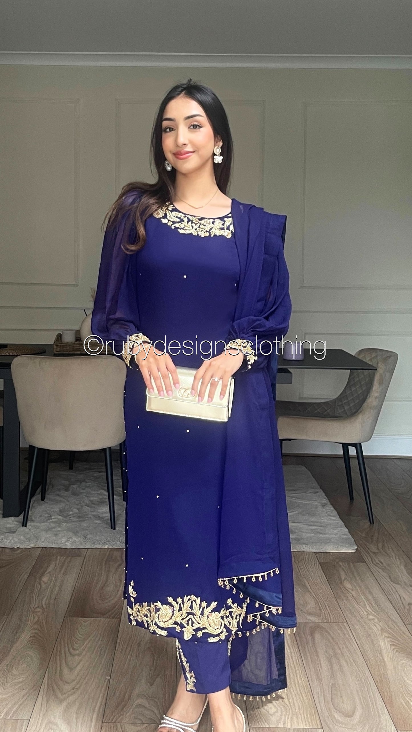 ANEEQA Navy - 4 Piece Chiffon Suit with Gold Handwork (8094541480149)