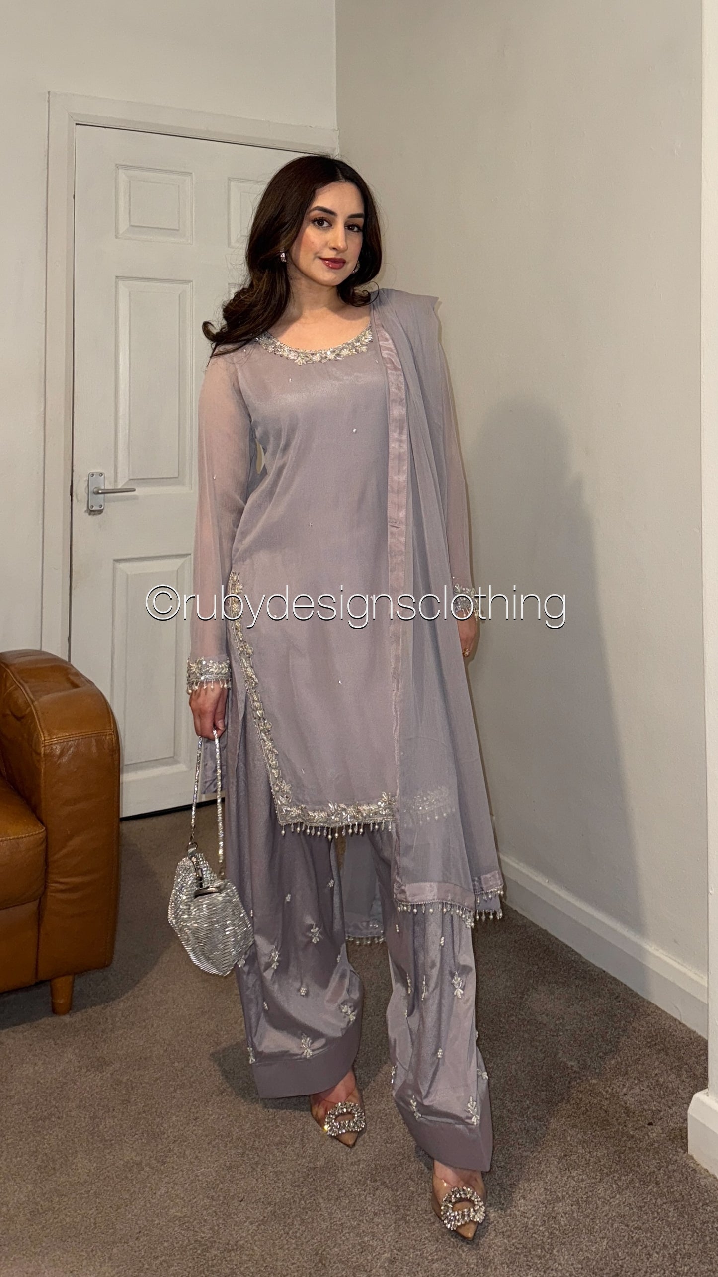 AYRA Dusk - 3 Piece Muted Lilac Chiffon Suit with Farshi Shalwar
