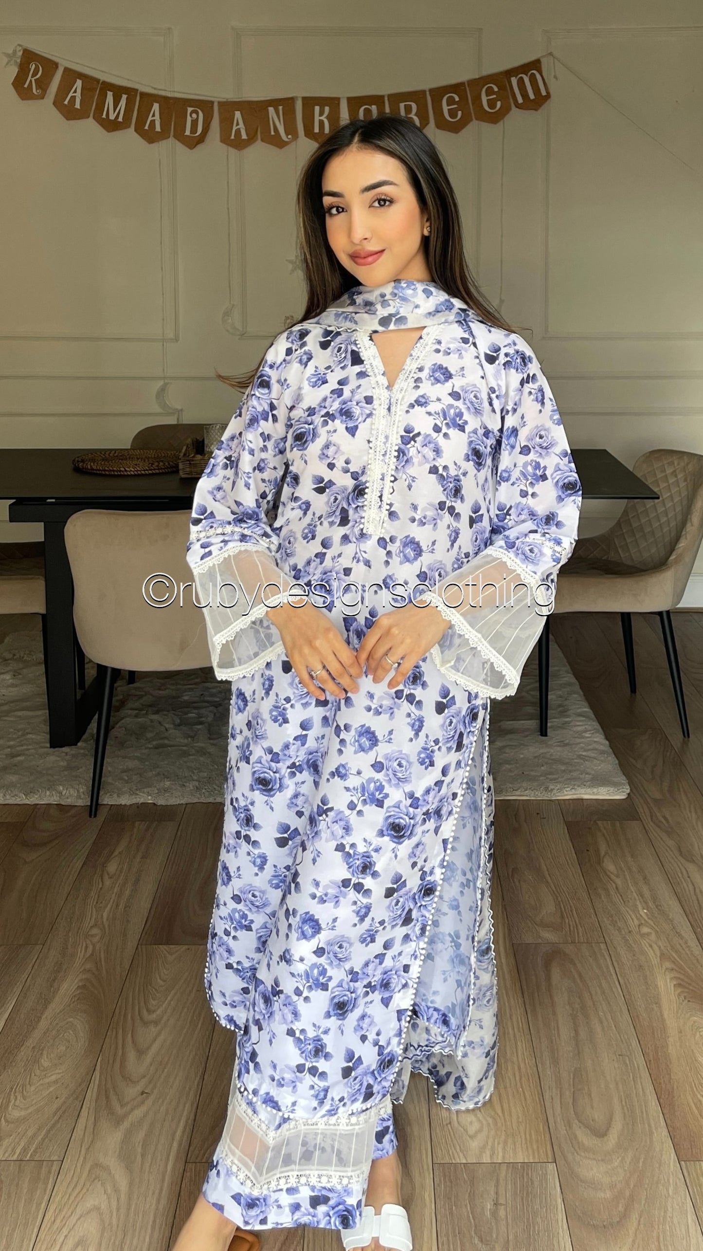 SUMAIYA- 3 Piece White and Blue Swiss Lawn Suit with Silk Dupatta (8352652525781)