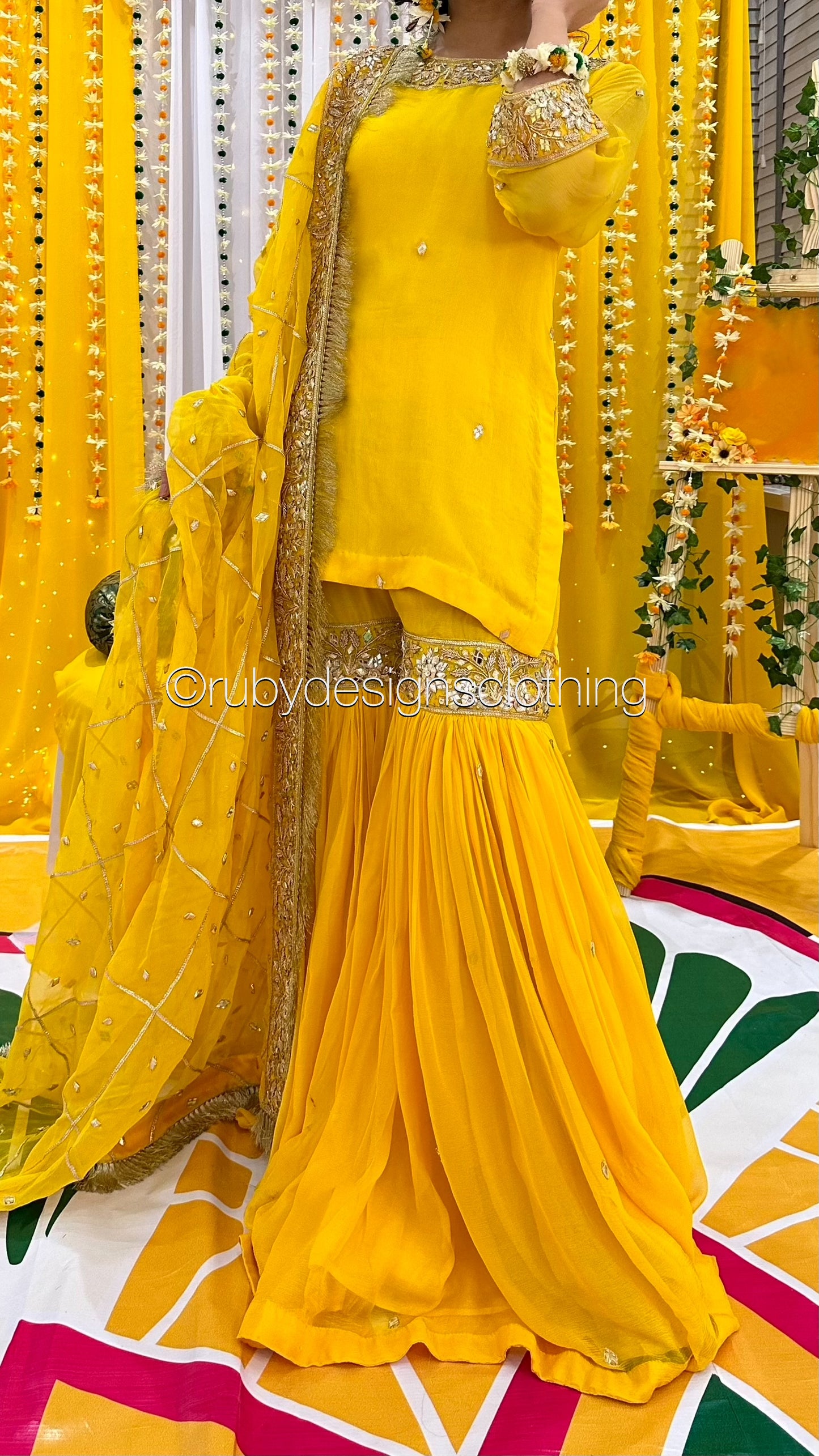 PRE- ORDER NAIMA - 3 Piece Mustard Chiffon Gharara with Handwork (8696400216277)