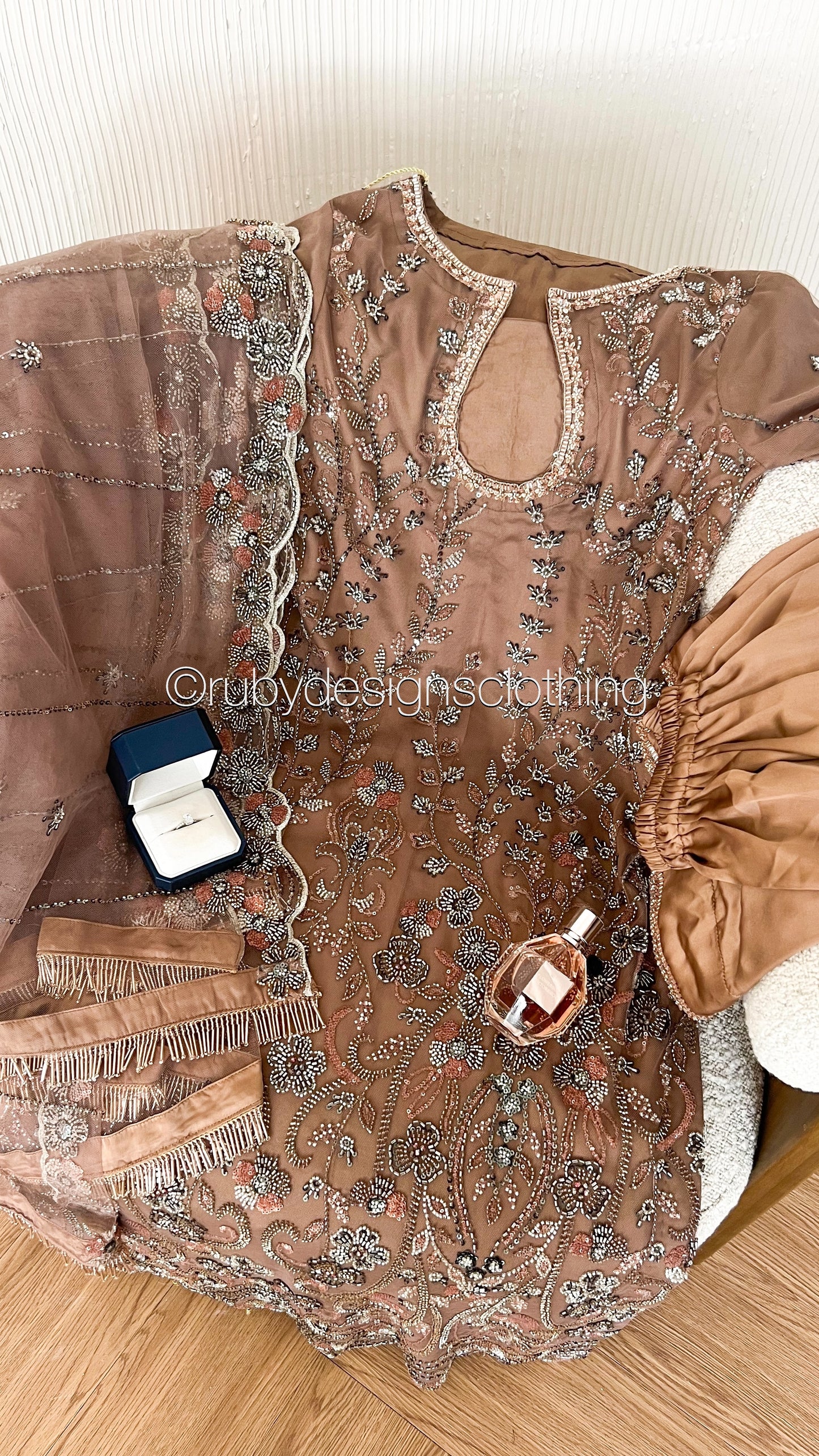 ESMA Latte - 3 Piece Brown Net Suit with Heavy Cutdana Work