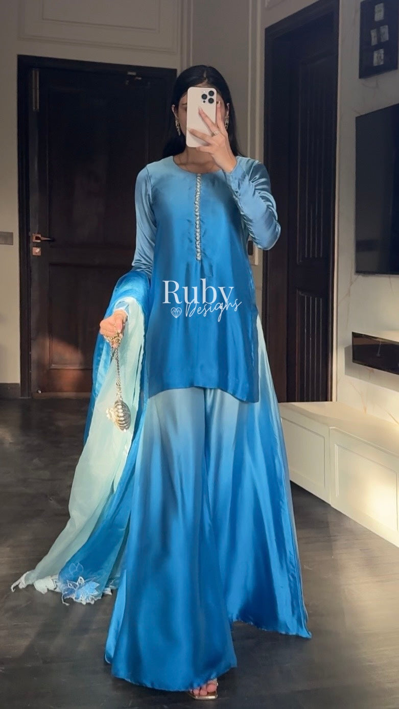 FIHA Azure - 3 Piece Ombrè Silk Suit with Flowy Wide Pants