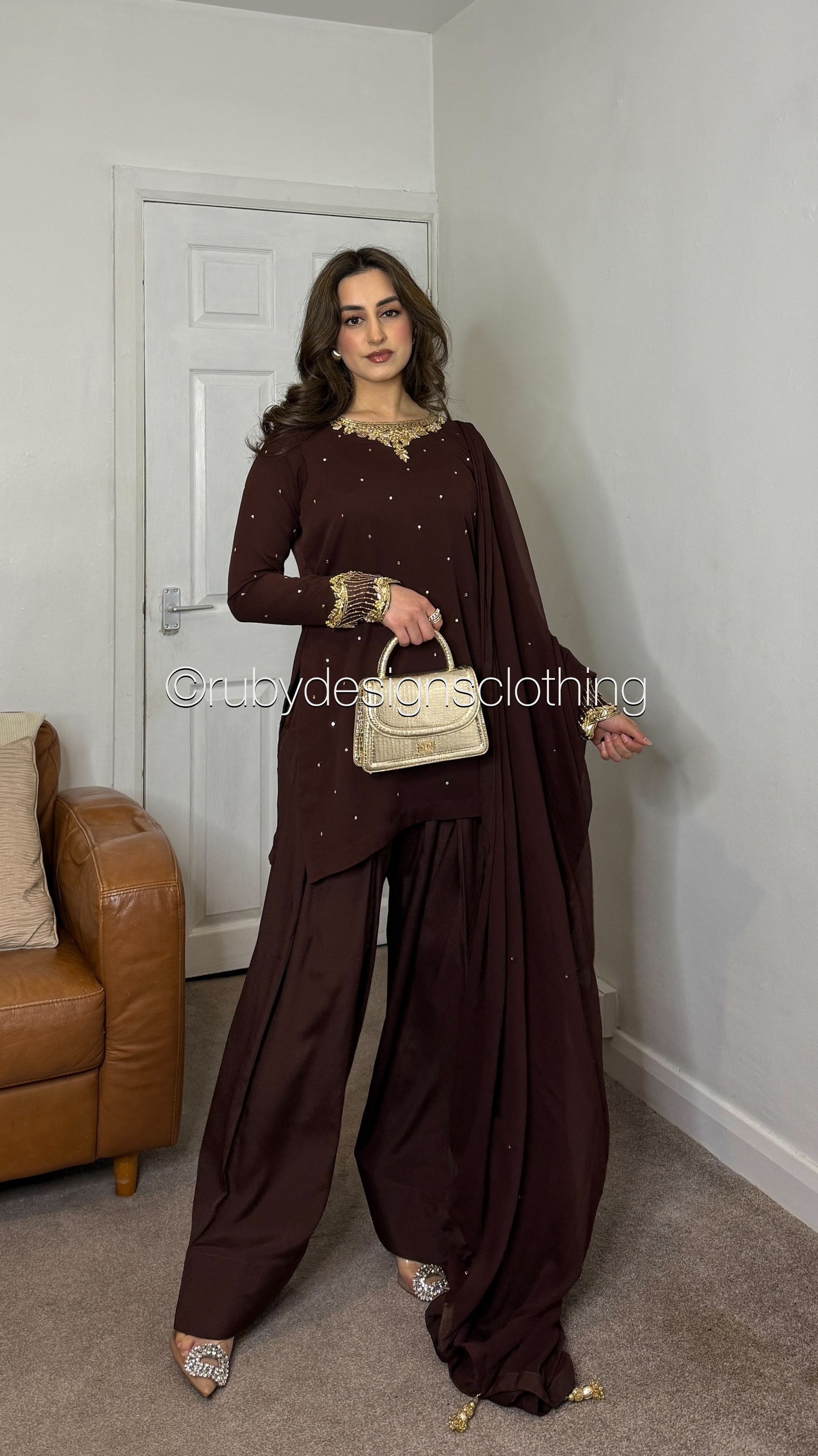 RAHA Mocha - Luxury 3 Piece Chiffon Suit with Farshi Shalwar
