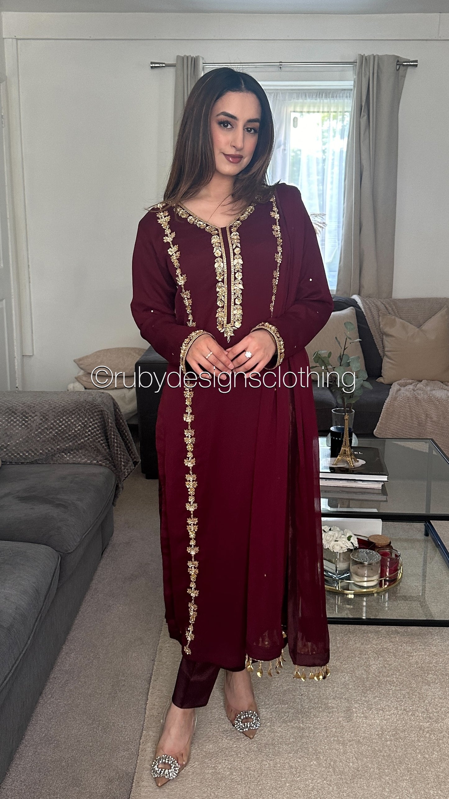 SADAF Burgundy - 3 Piece Burgundy Chiffon Suit with Gota Work (8532772487381)