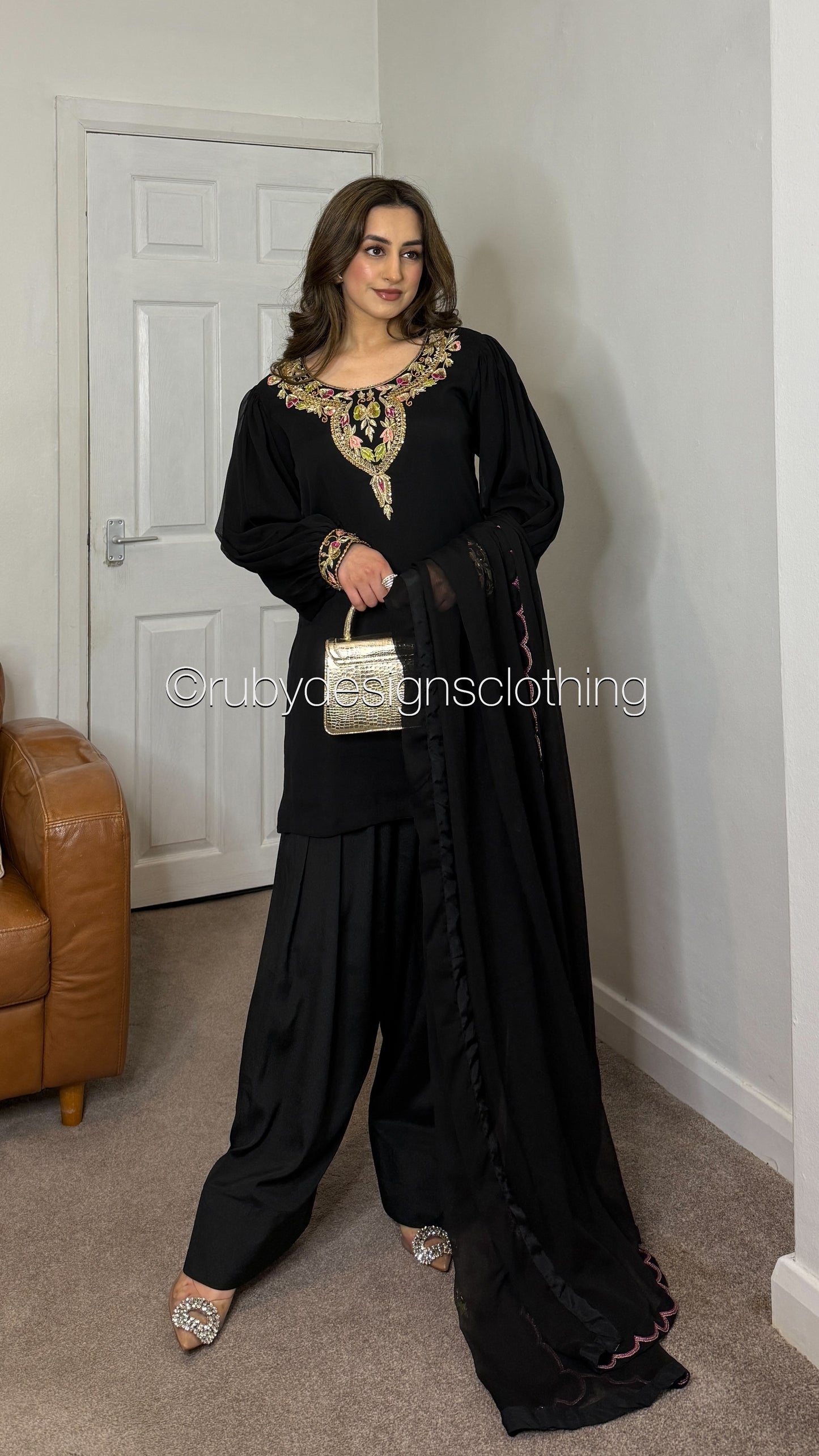 MISSING ITEMS (TROUSER and SCARF) - SERENE Black - Luxury 3 Piece Chiffon Suit with Farshi Shalwar
