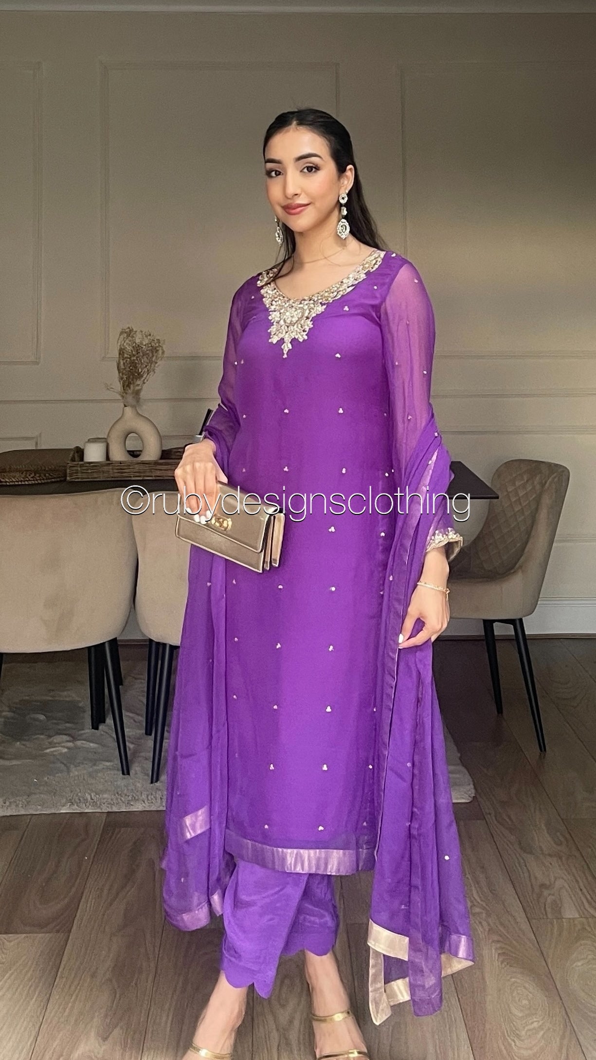 ALVIA Purple - 3 Piece Purple Chiffon Suit with Gold Handwork