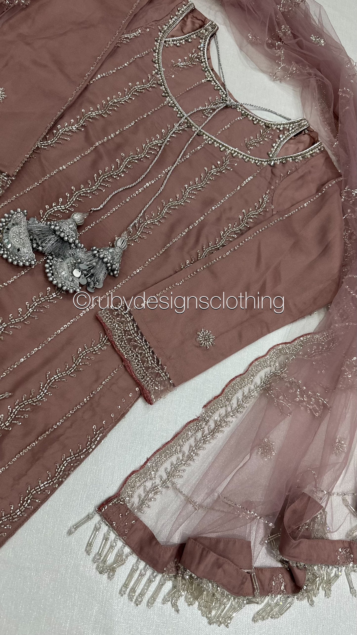 ELARA Bloom - 3 Piece Pink/Lilac Net Suit with Heavy Cutdana Work