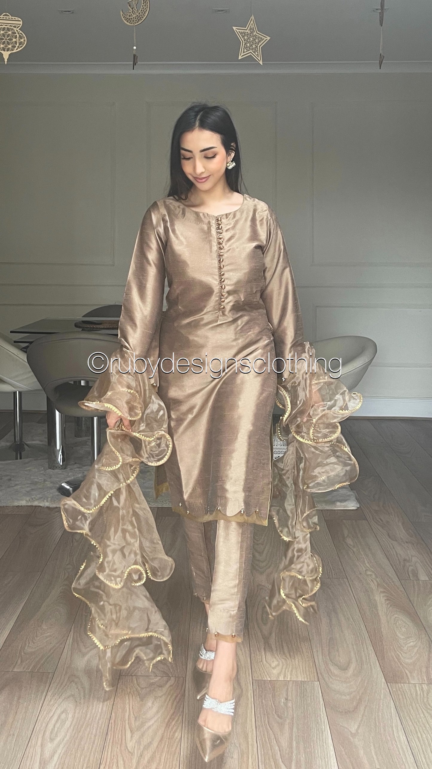 ALEEZA Brown - 3 Piece Raw Silk Suit with Ruffle Dupatta (8210381570261) (8747906269397)