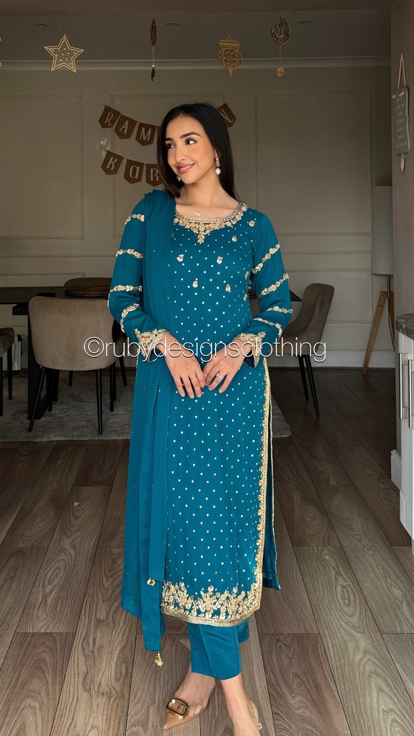 ZAREEN Teal - Luxury 3 Piece Chiffon Suit with Gold Handwork