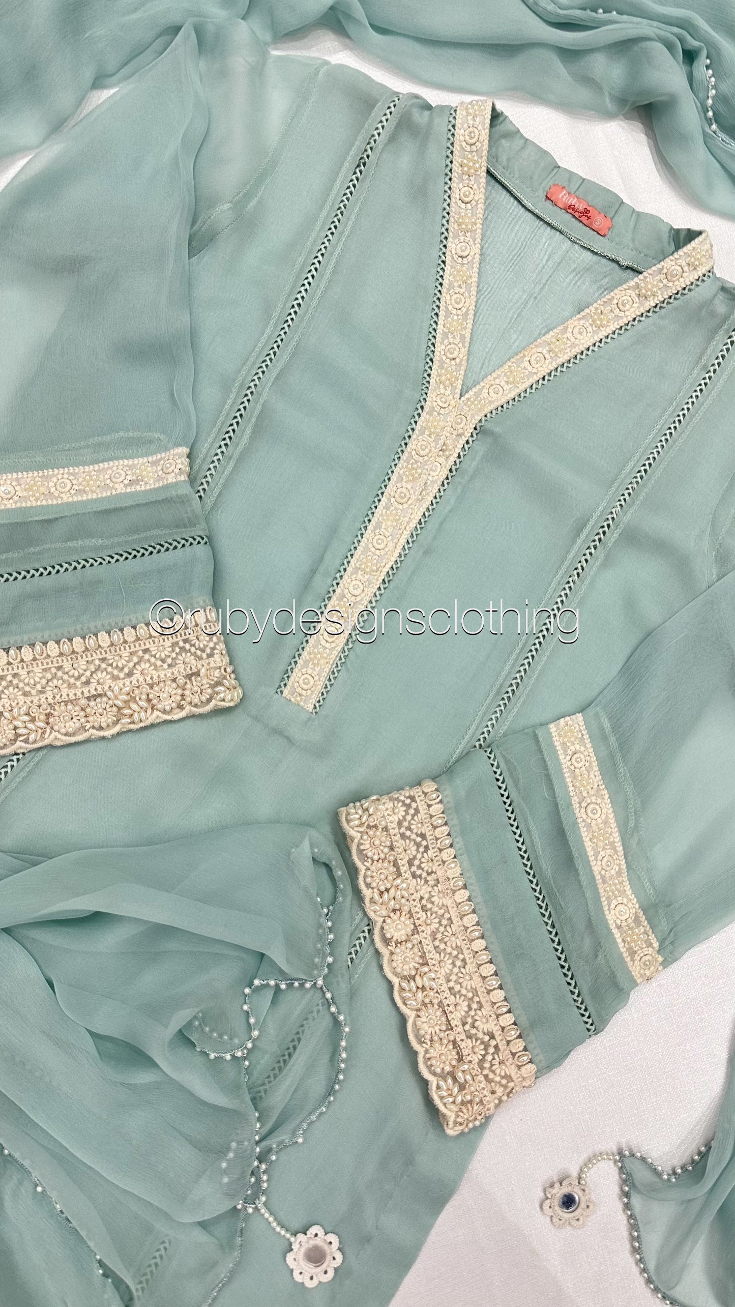 SABREENA- 3 Piece Baby Blue Chiffon Suit with Wide Leg Trouser (8340664058069)