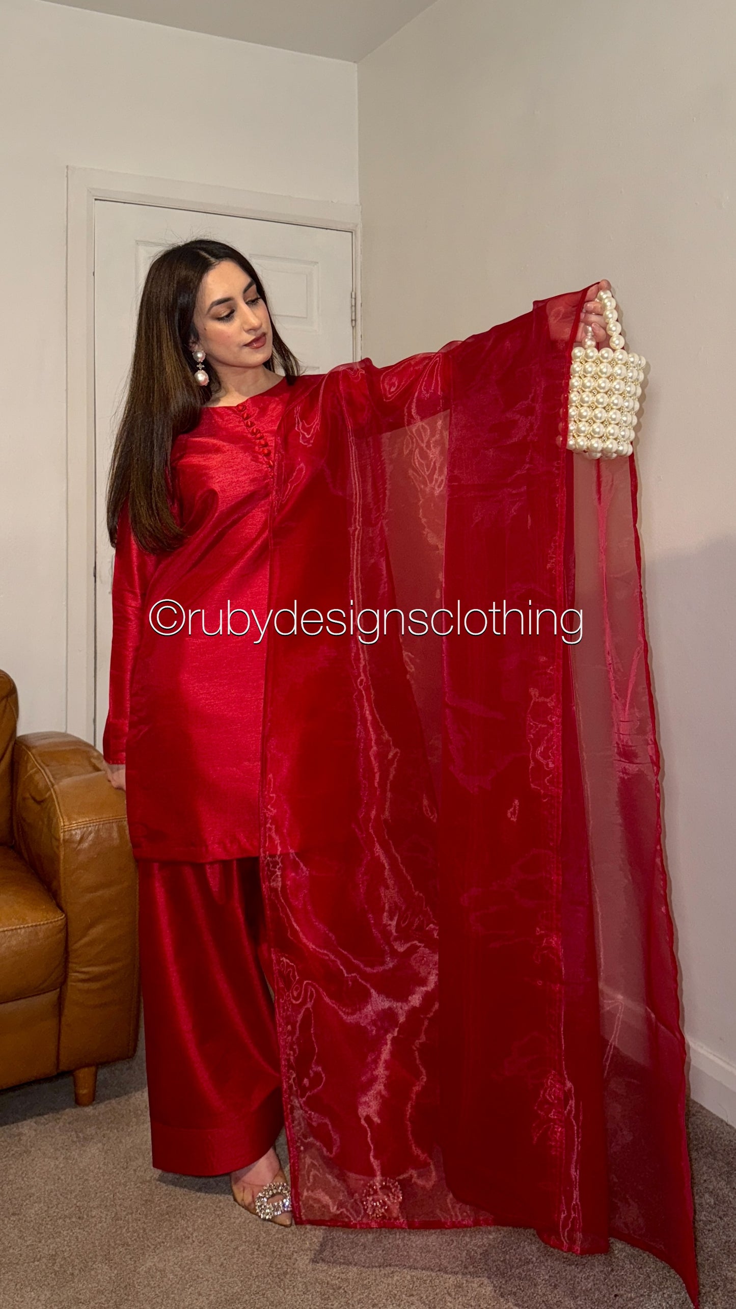 MAIRA Rouge - 3 Piece Korean Raw Silk Suit with Farshi Shalwar