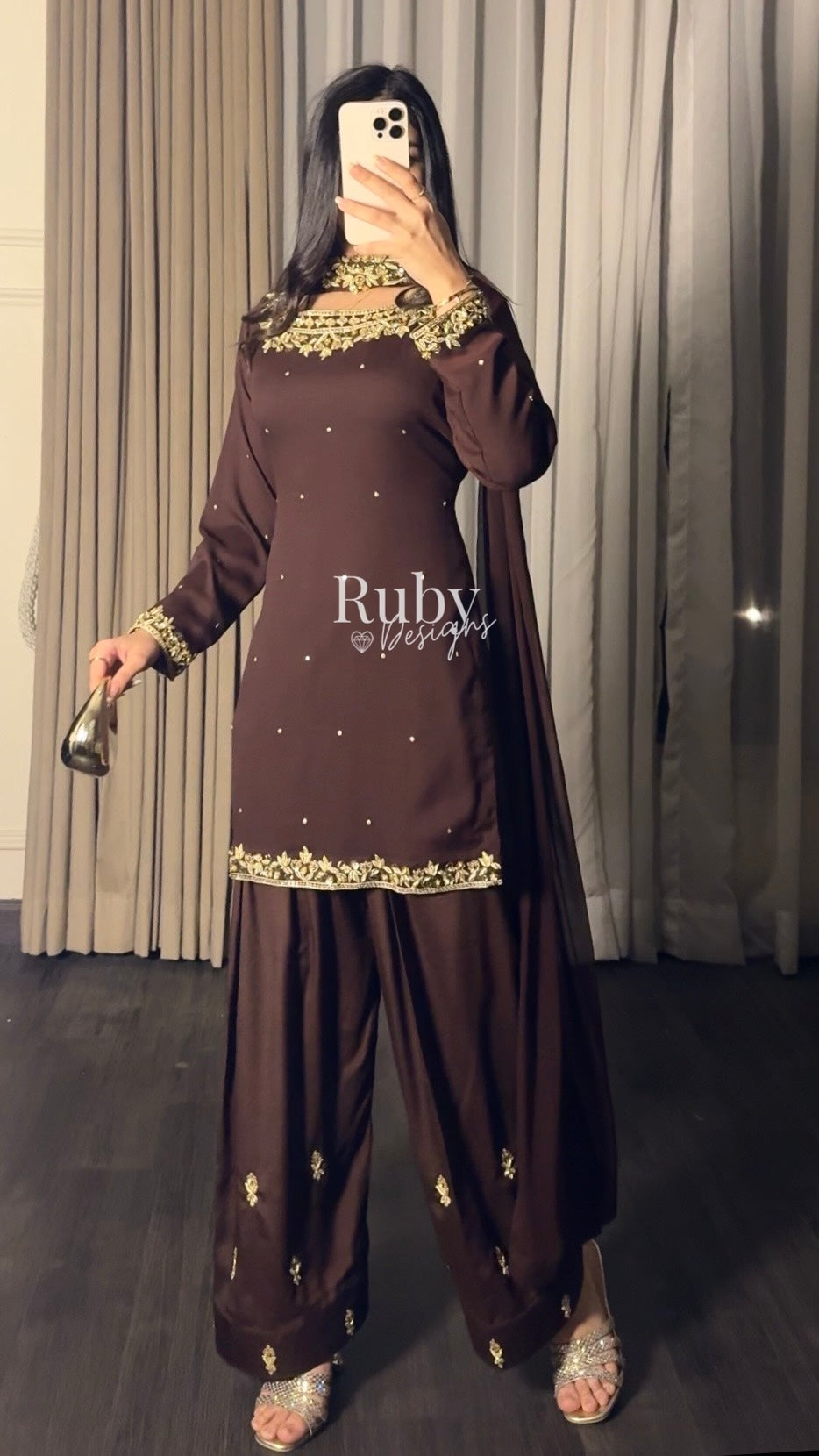 HUMNA Cocoa - 3 Piece Chiffon Suit with Farshi Shalwar