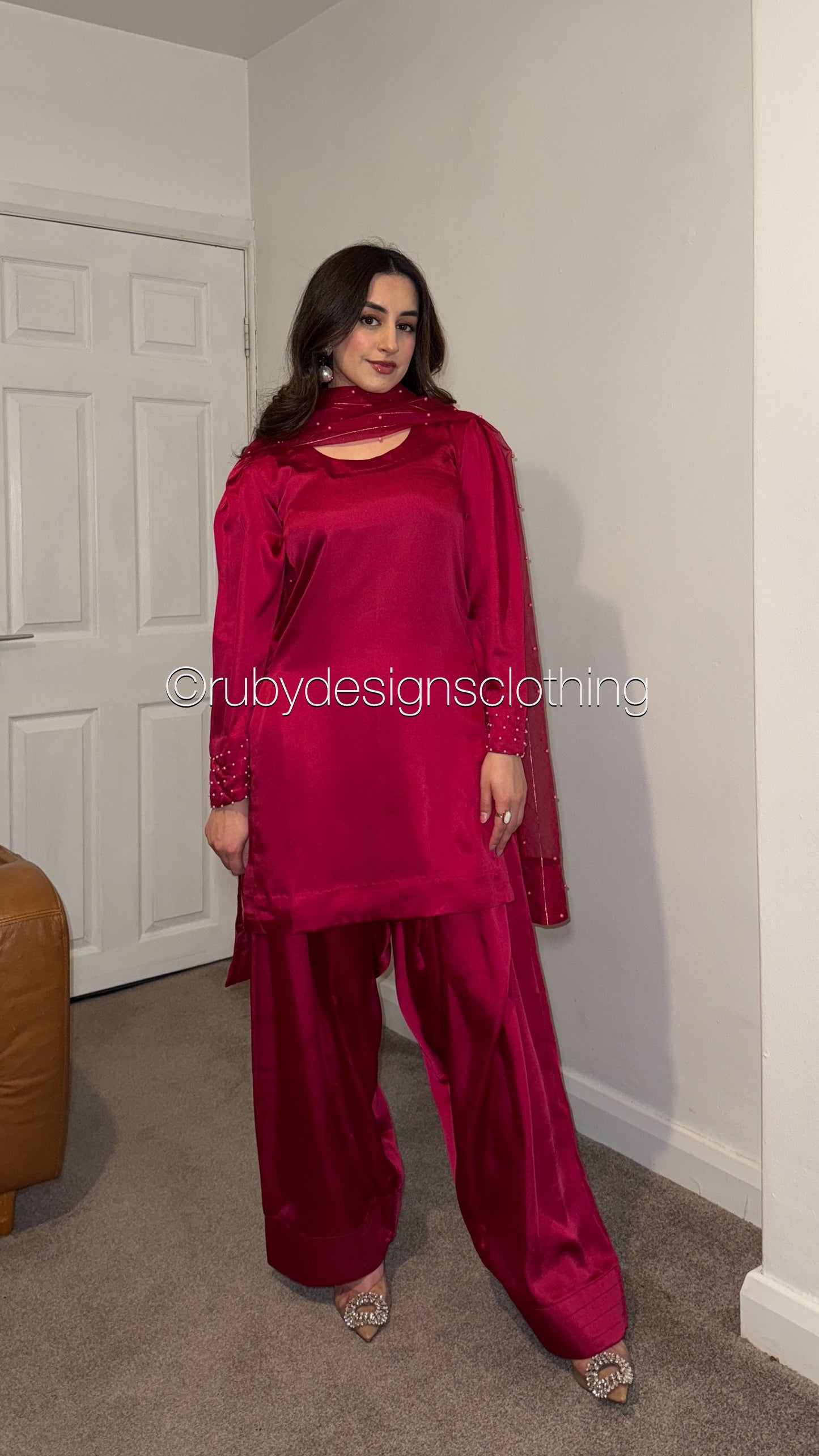 ELAYA Rose - 3 Piece Silk Suit with Farshi Shalwar