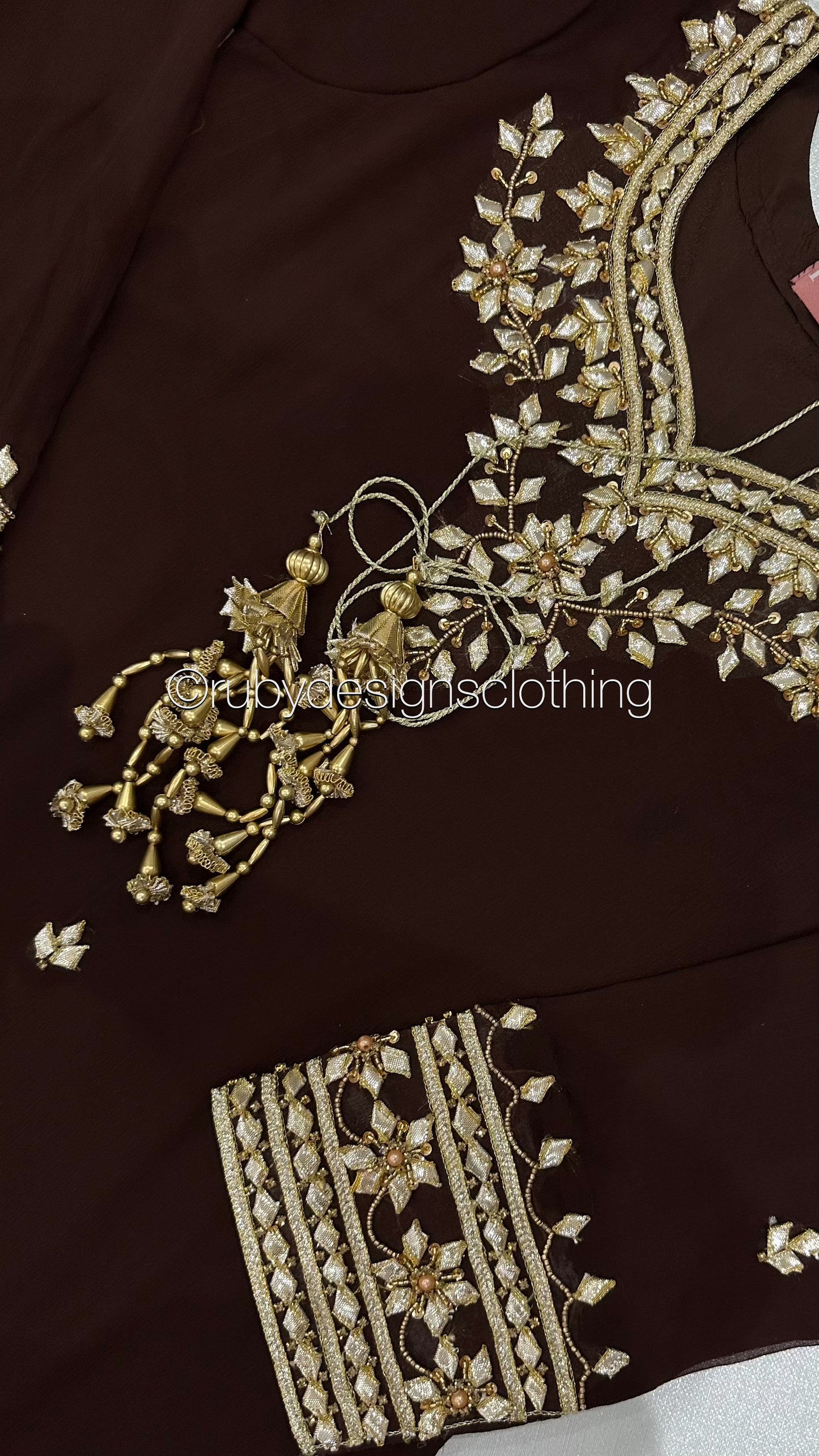 SAJAL Cocoa - 3 Piece Chiffon Suit with Farshi Shalwar and Gota Handwork