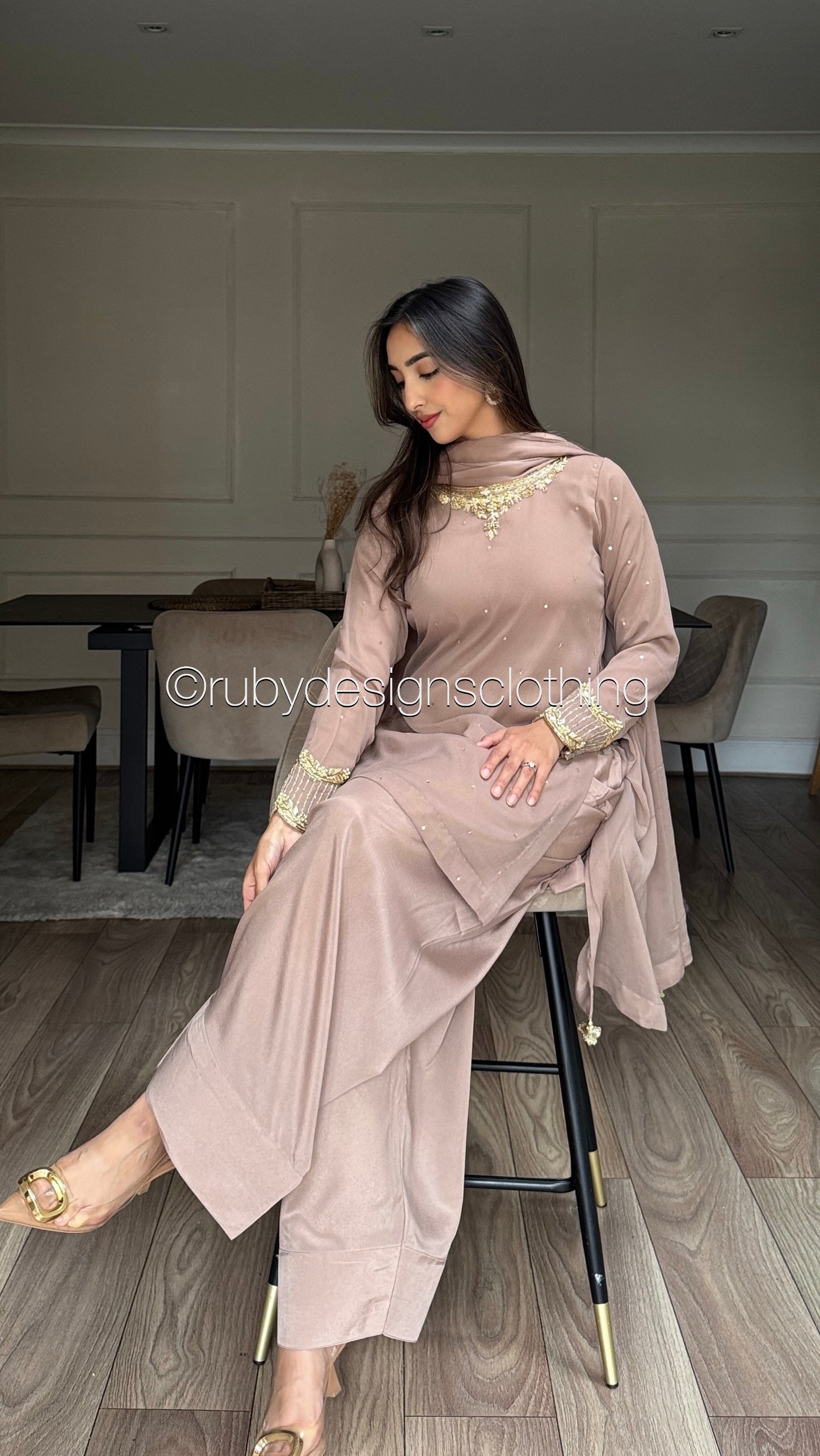 RAHA Latte - Luxury 3 Piece Chiffon Suit with Farshi Shalwar