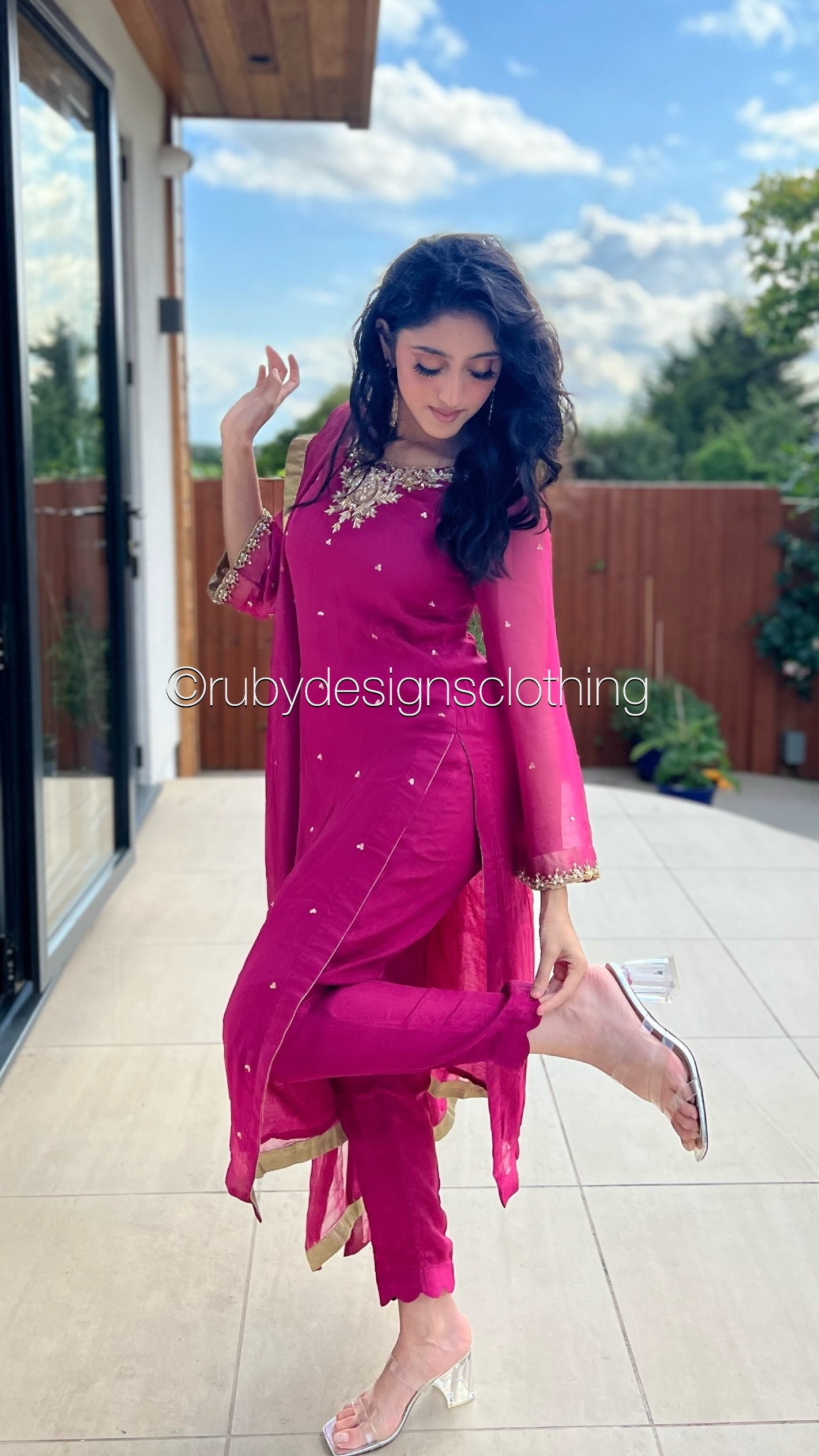 ALVIA Pink - 3 Piece Pink Chiffon Suit with Gold Handwork (8295036649685)