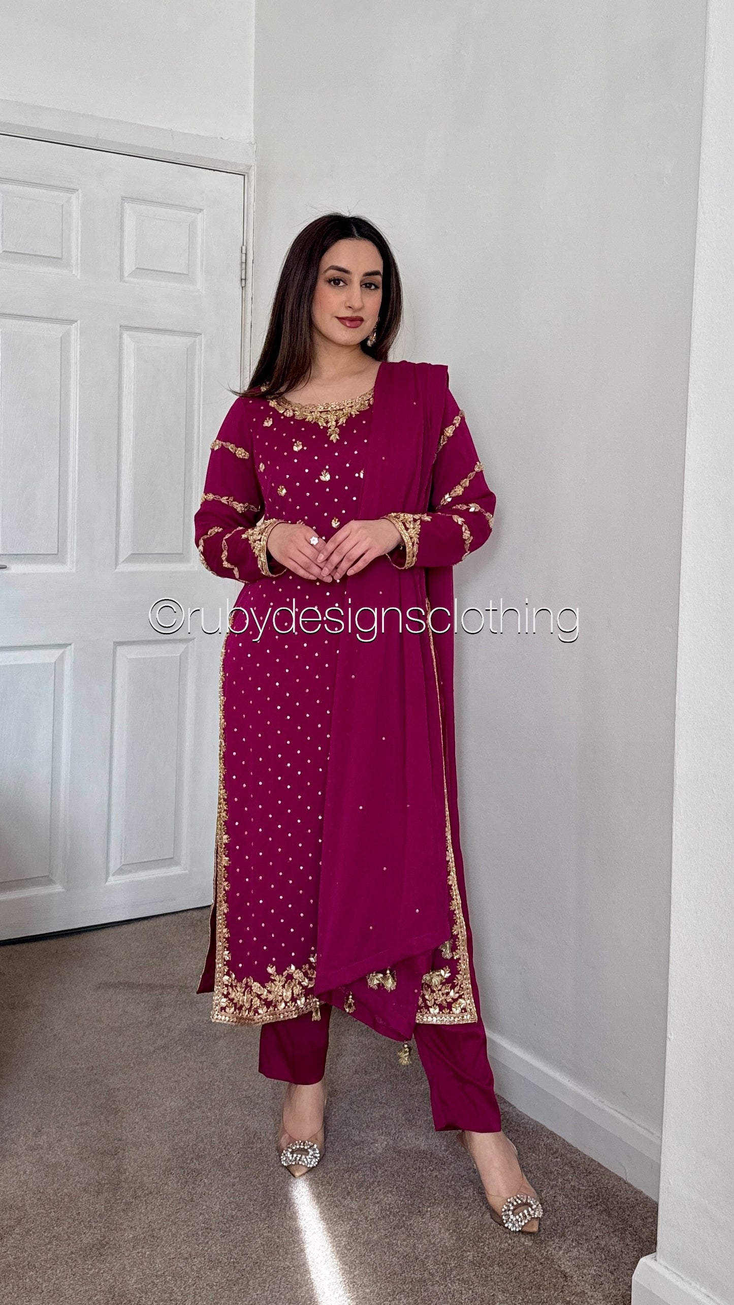 ZAREEN Fuchsia - Luxury 3 Piece Chiffon Suit with Gold Handwork