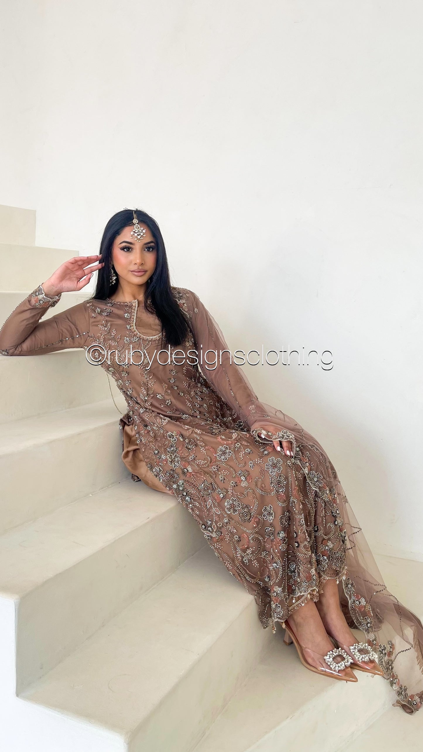 ESMA Latte - 3 Piece Brown Net Suit with Heavy Cutdana Work