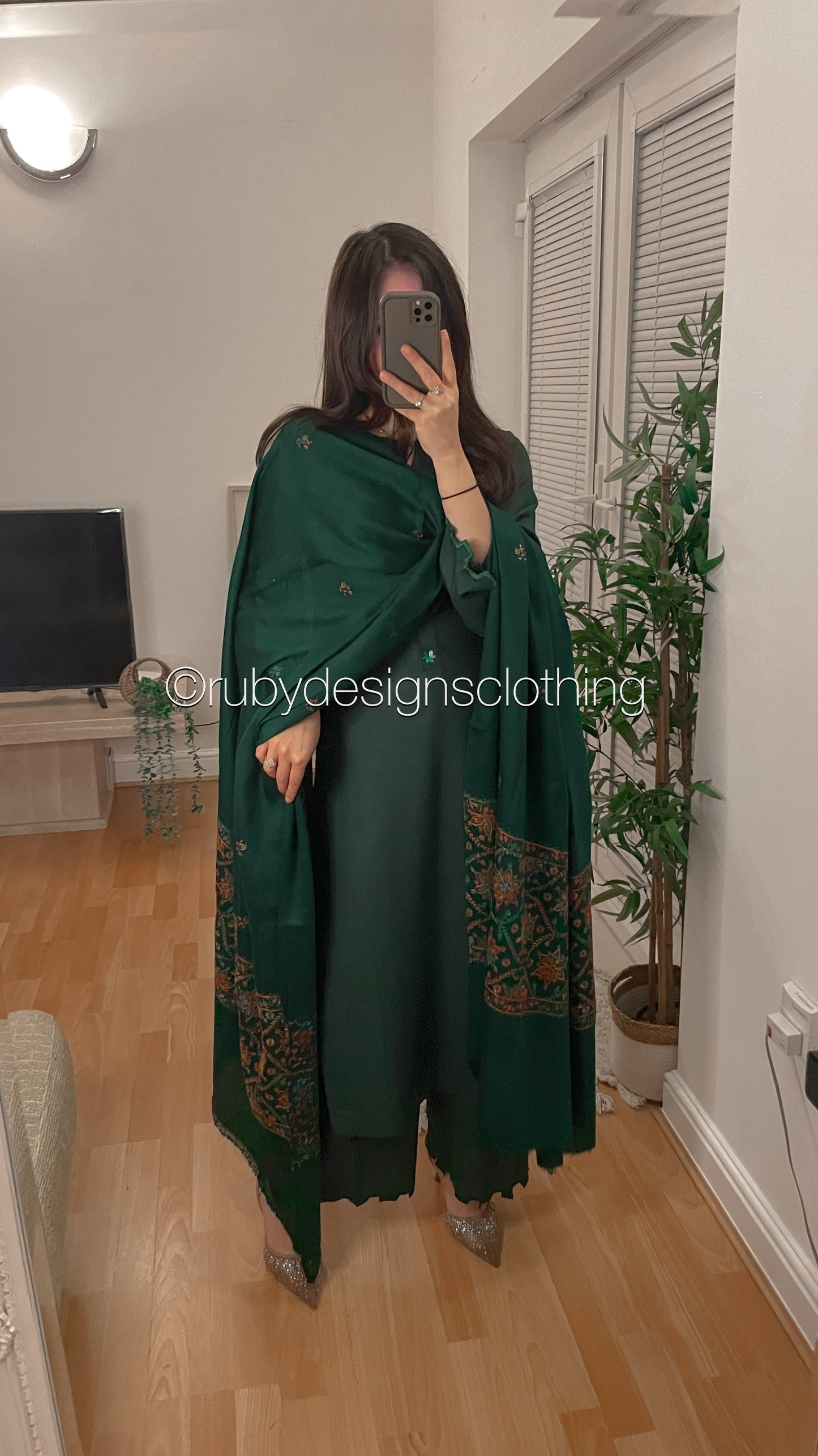 ZEHRA - 3 Piece Forest Green Marina Suit with Embroidered Pashmina Shawl