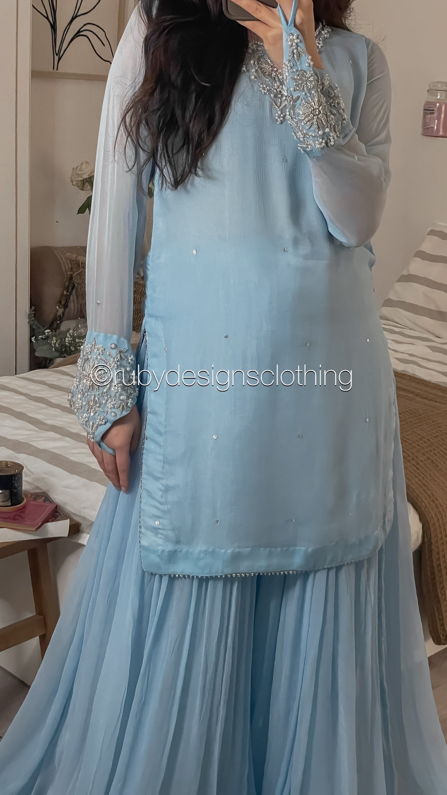 AFREEN - 3 Piece Ice Blue Chiffon Sharara with Silver Handwork (8340662386901) (8748158943445)