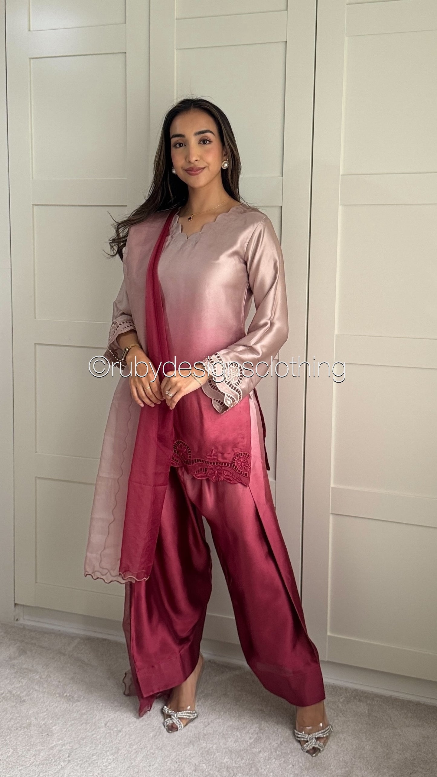 Rose Ember - 3 Piece Silk Suit with Farshi Shalwar